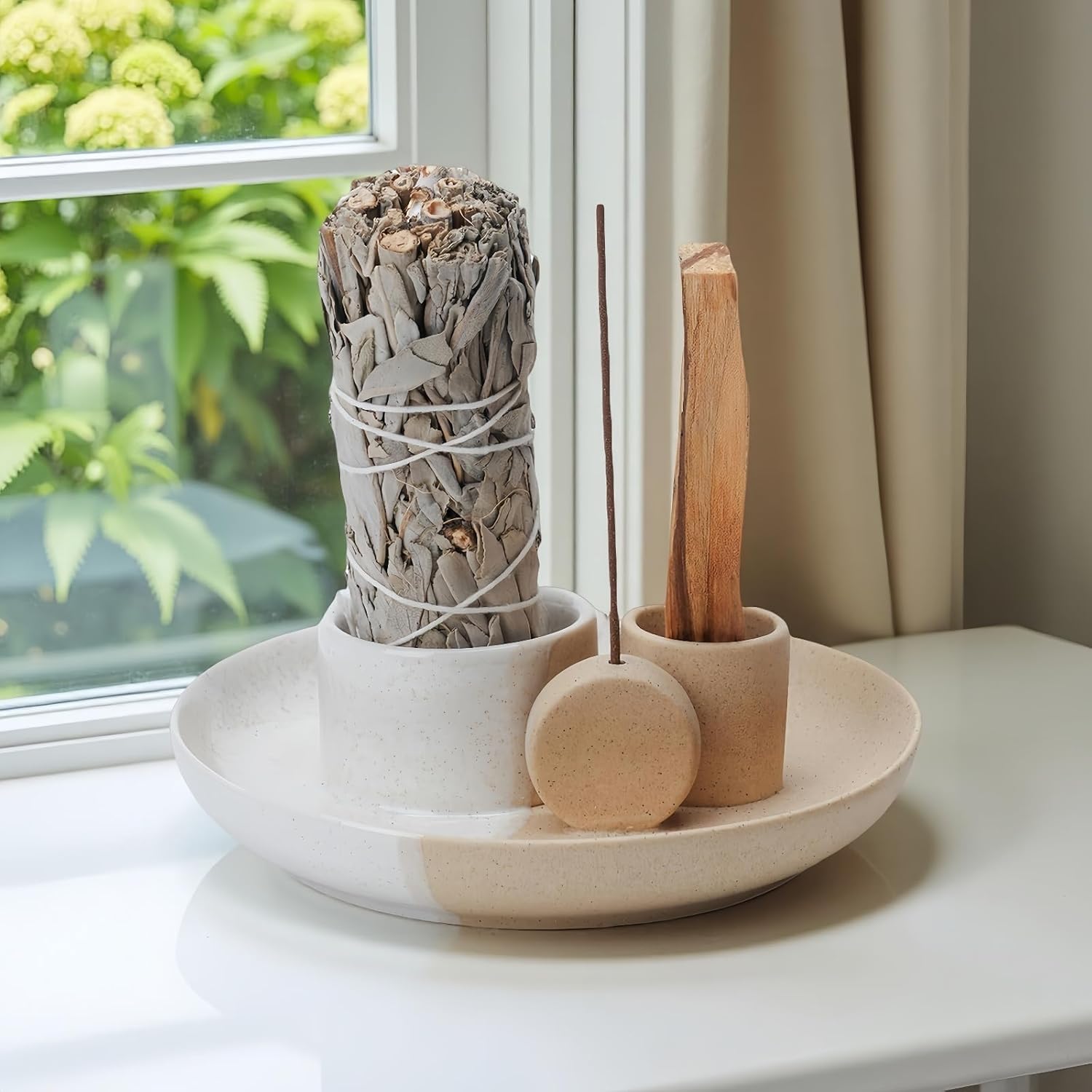 4 in 1 Incense Holder with Ash Catcher Tray - White Sand Ceramic Design
