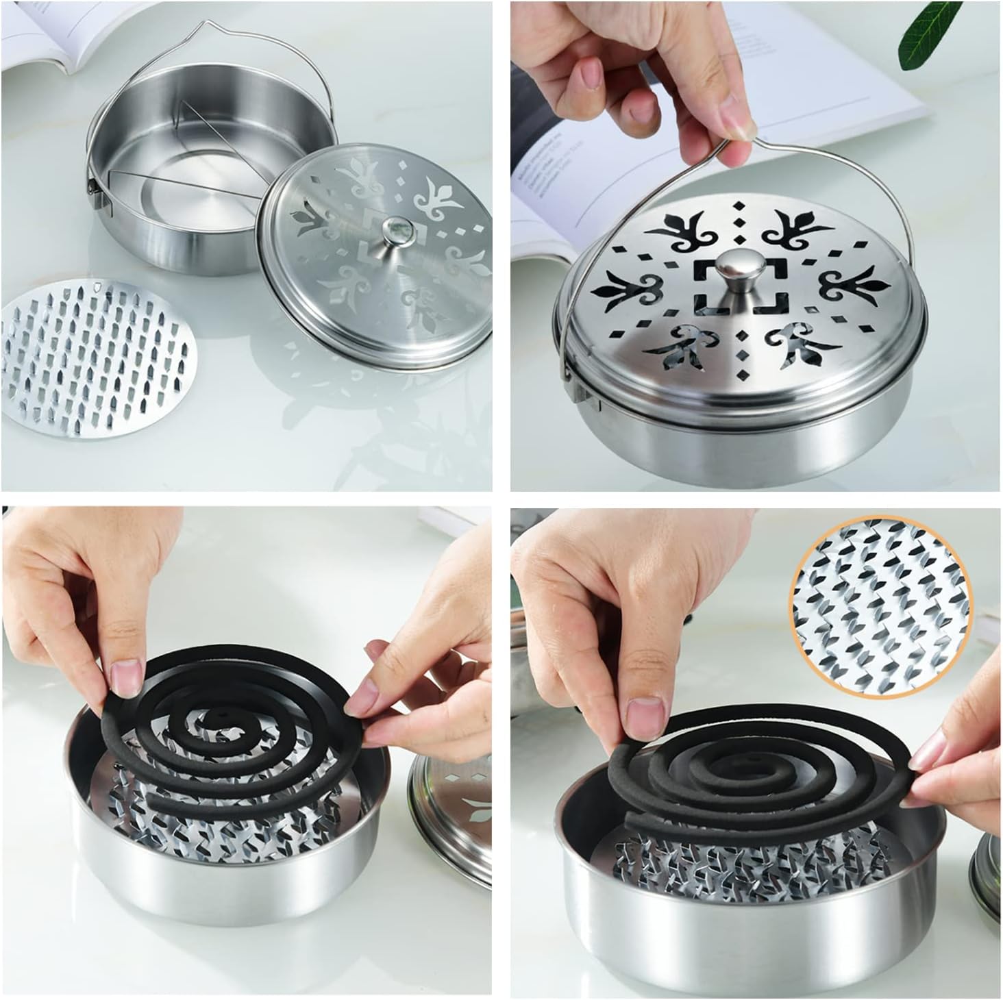 2 Portable Mosquito Coil Holders with Handle Fireproof Incense Burner for Home Silver