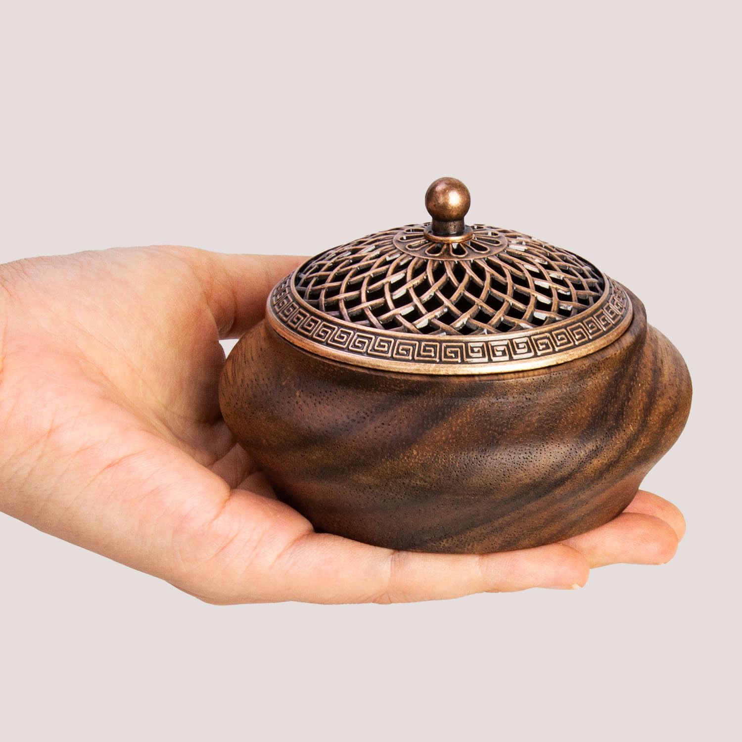 2 Pack Incense Cone Holder Retro Wooden Burner with Brass Lid