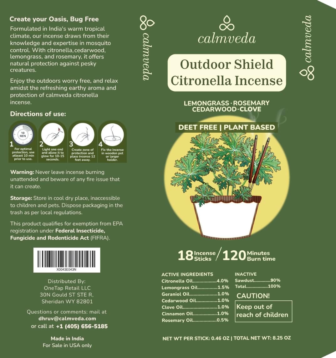 Calmveda Natural Citronella Incense Sticks 18 Sticks 40 Hrs Protection