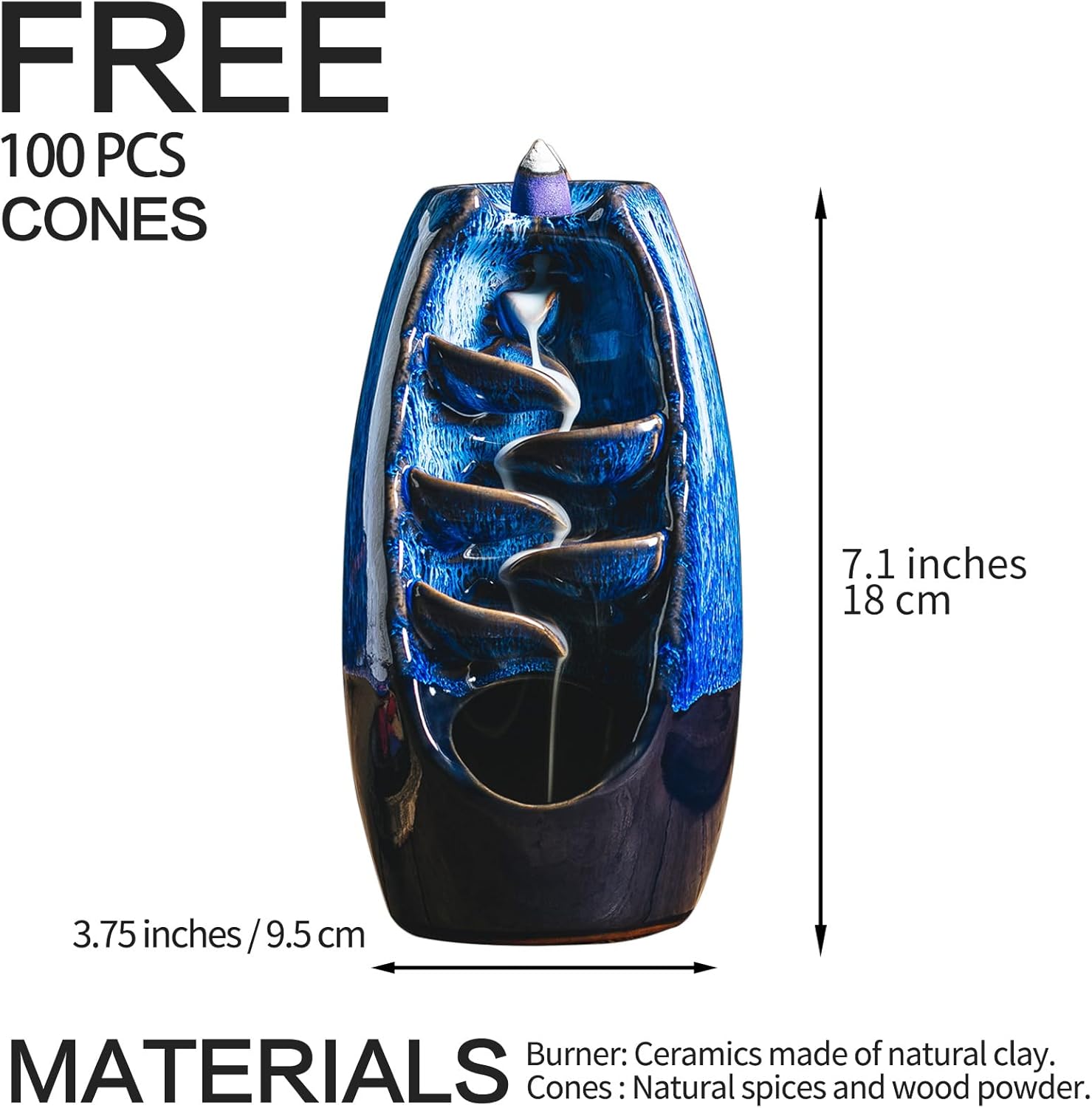 INONE Ceramic Incense Burner with 100 Cones Blue