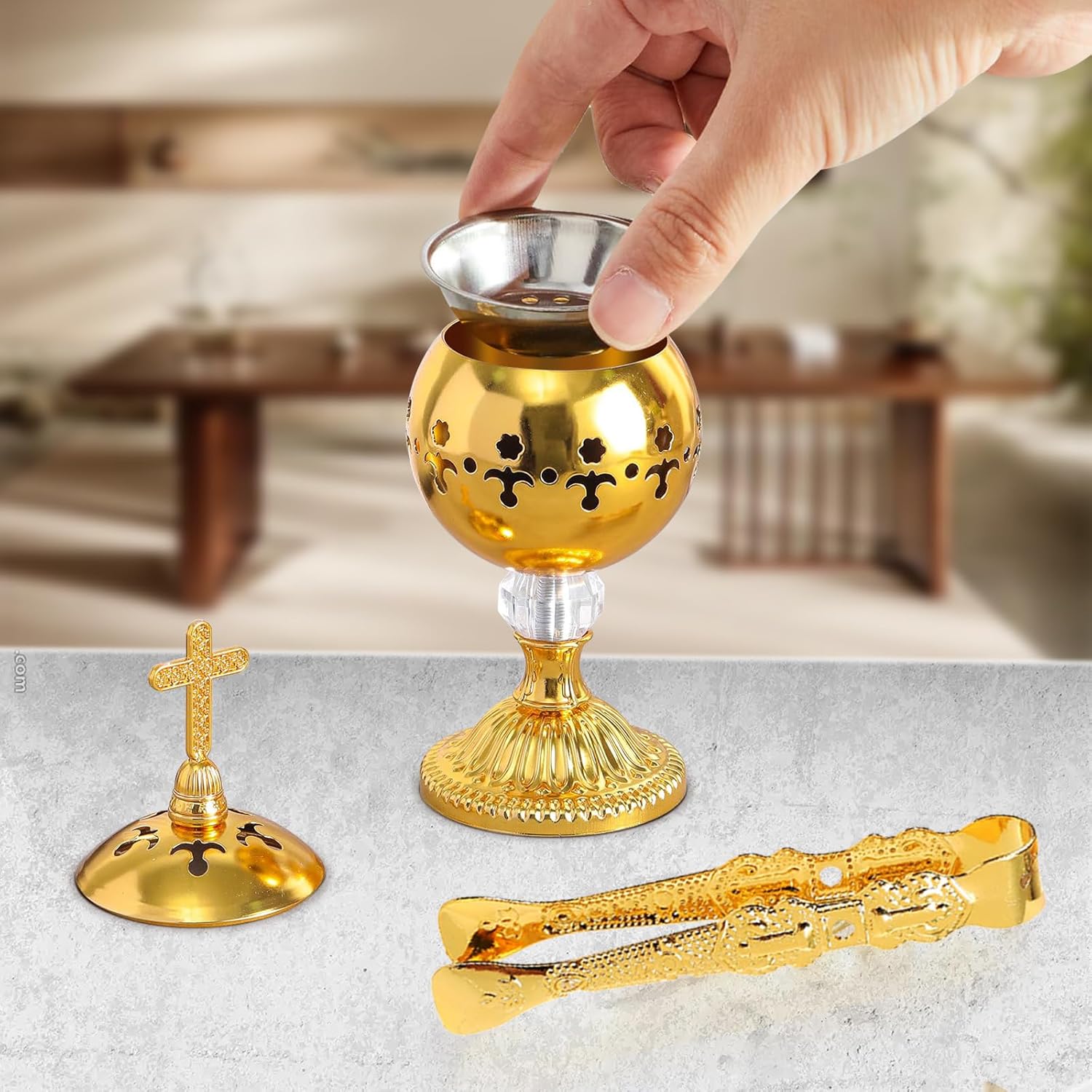 Traditional Incense Burner - Gold Charcoal Censer with Clip