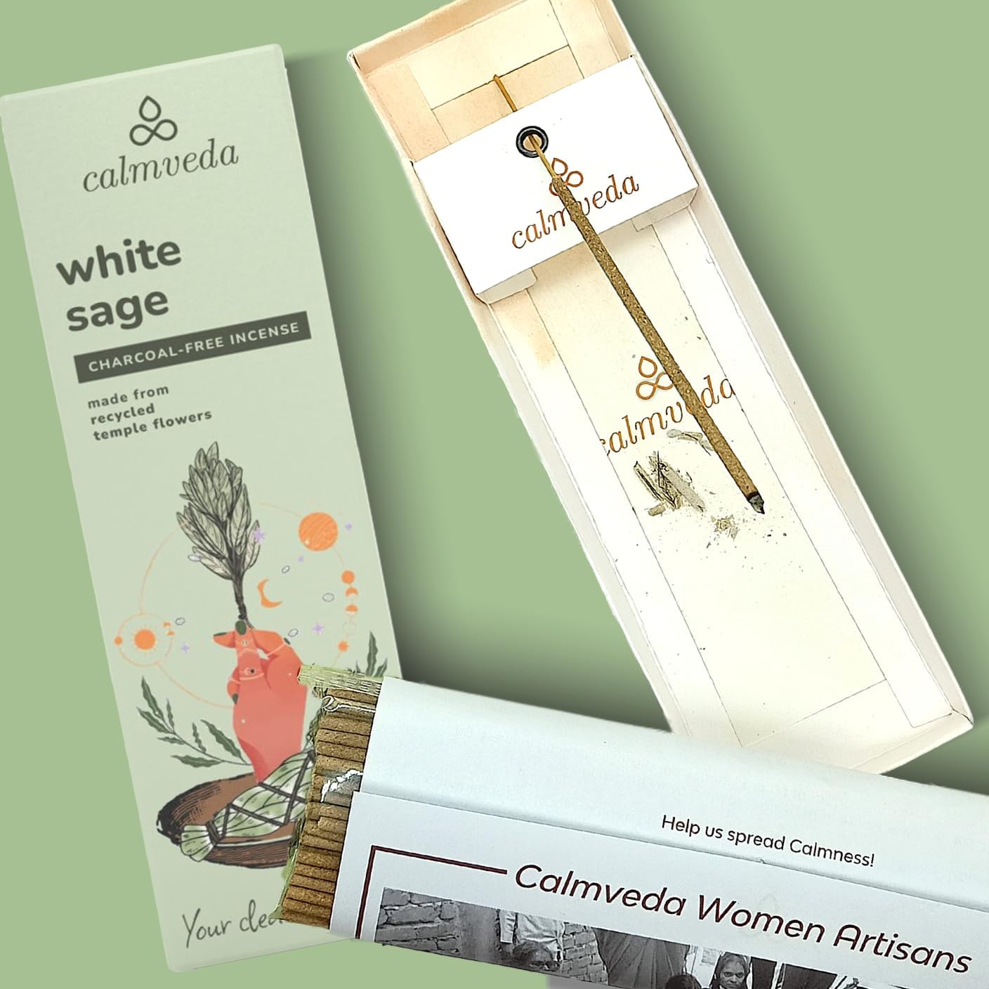 White Sage Incense Sticks - 80 Pack Charcoal Free Upcycled Flower Made Cleansing Protection