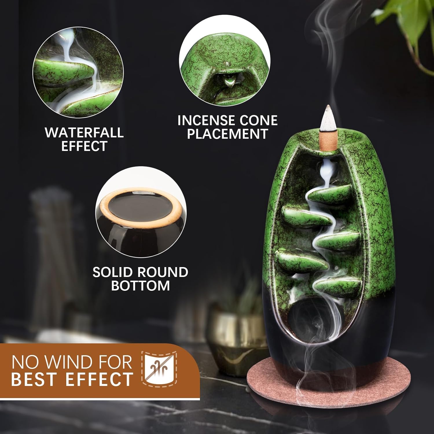 SPACEKEEPER Ceramic Incense Burner with Waterfall Effect and 120 Cones 30 Sticks