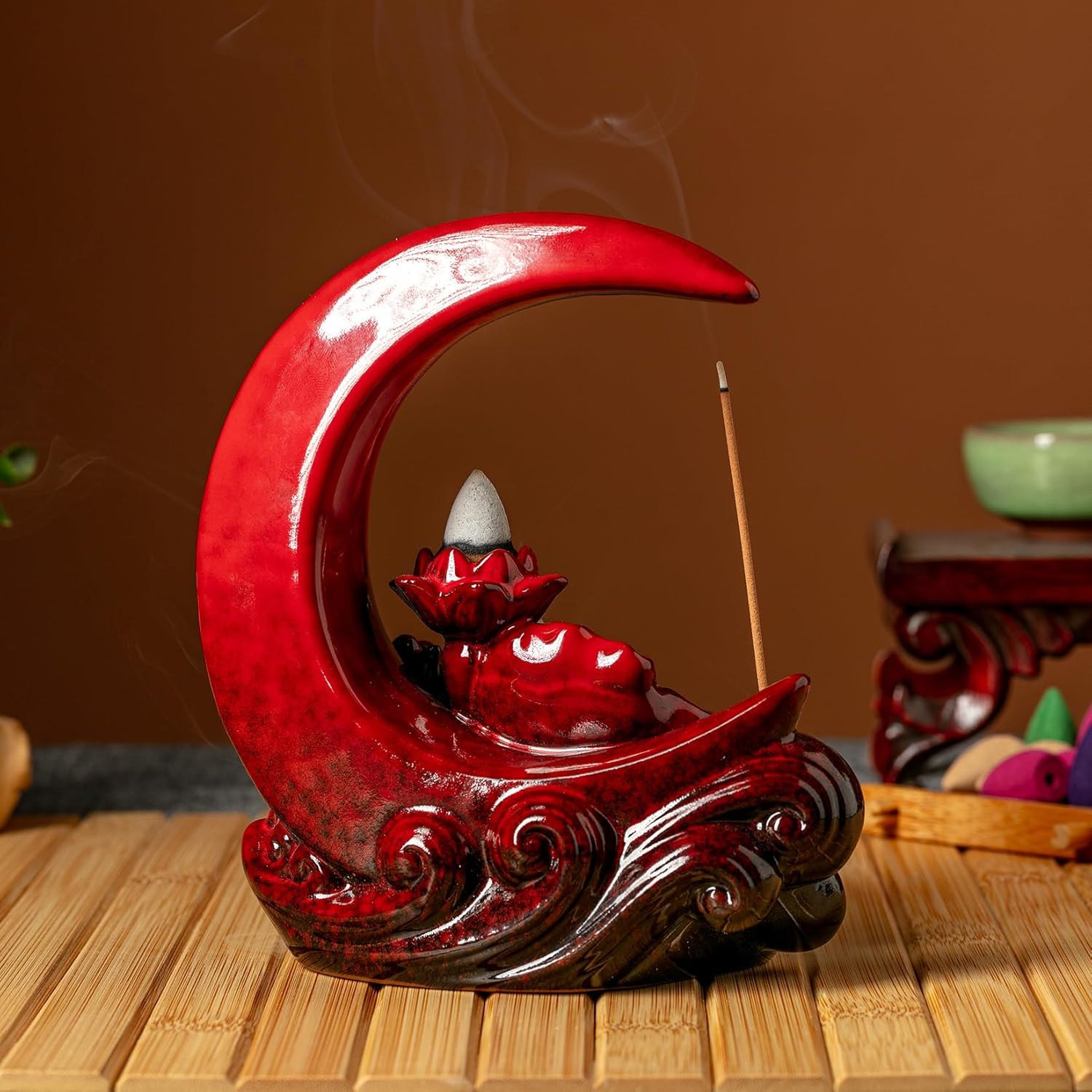 Moon Incense Burner with 60 Cones and 30 Sticks Red