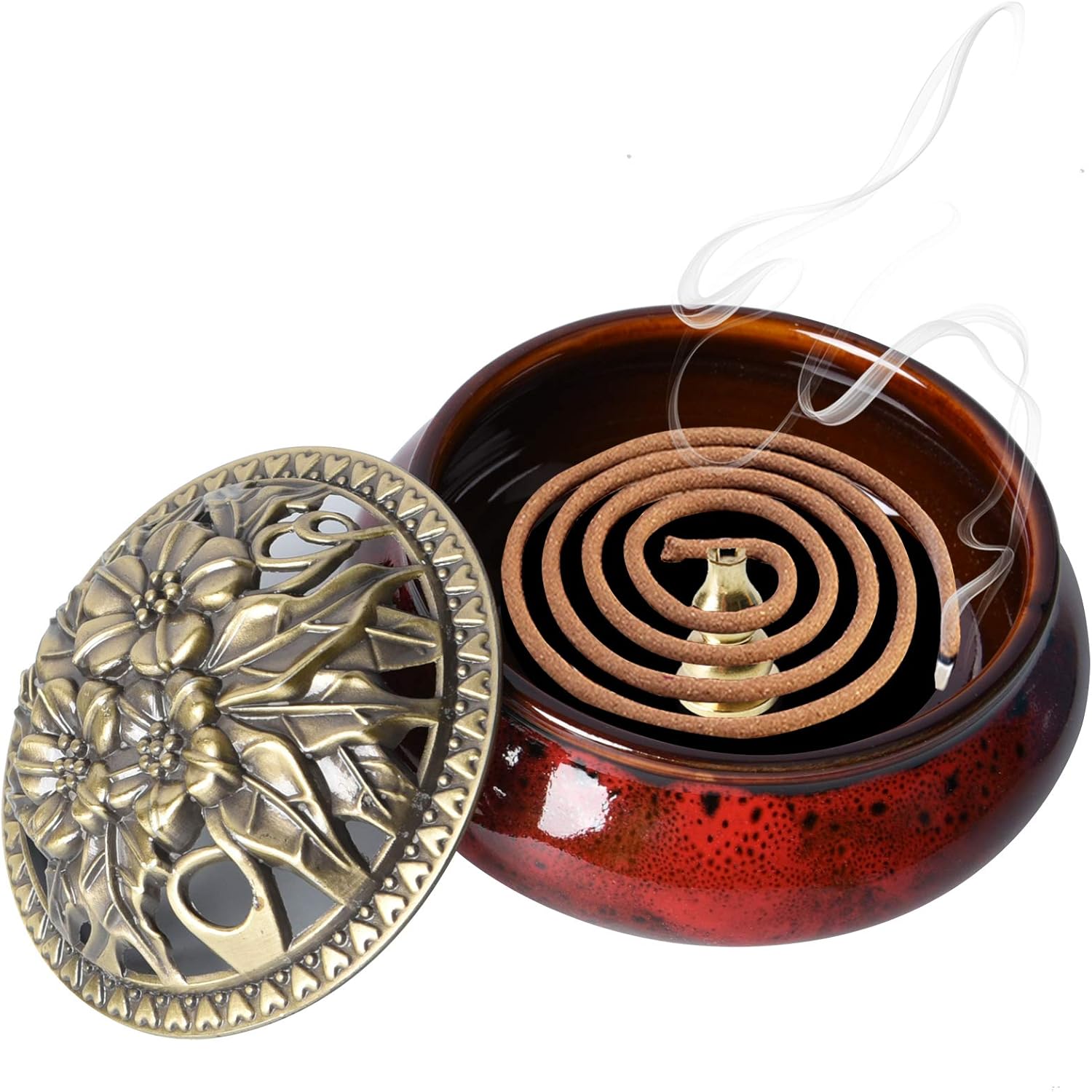 Ceramic Incense Burner with Lid and Brass Holder