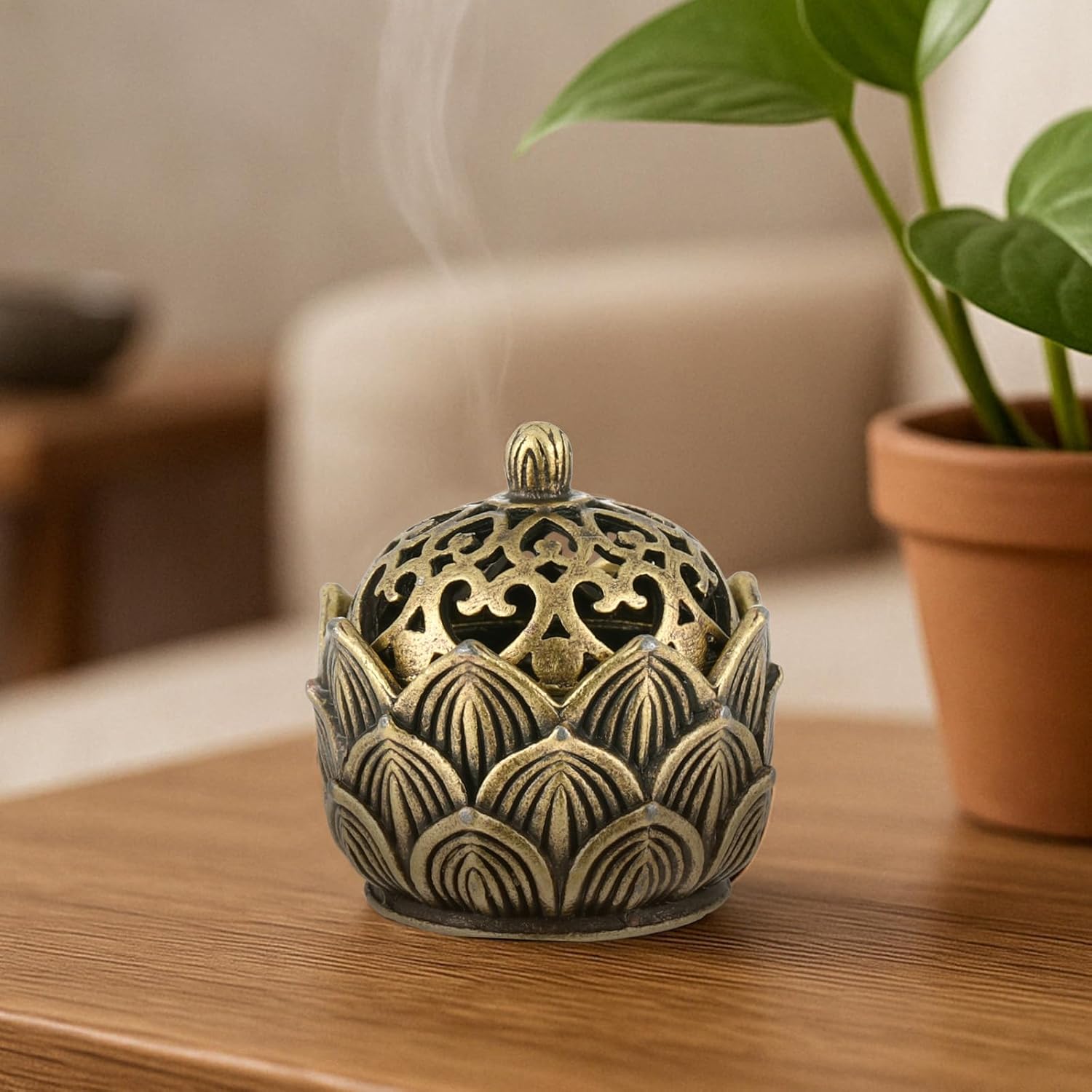 2 Pack Brass Lotus Incense Holders with Lid for Home Decor