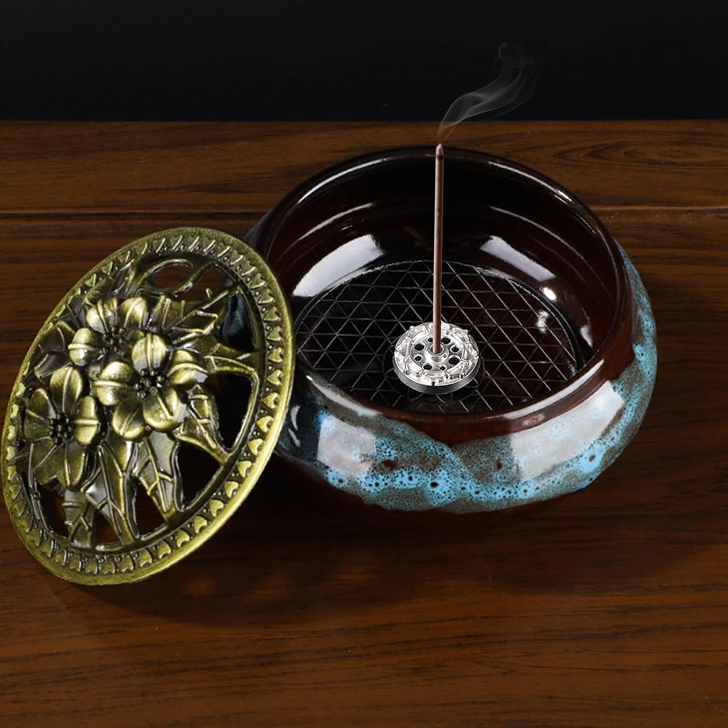 Handmade Ceramic Incense Burner with Metal Lid - Fambe Blue