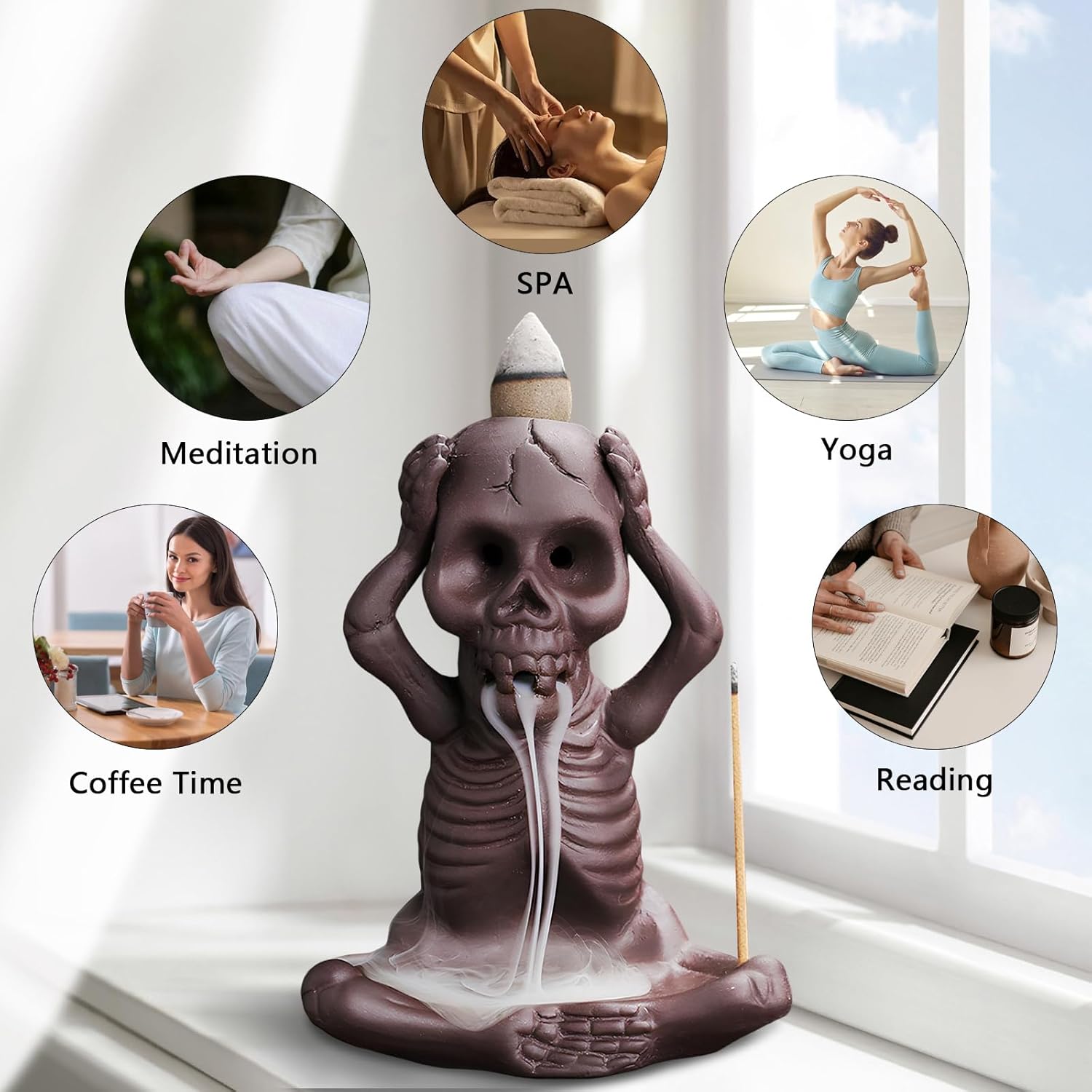 Comeon Skull Decor Incense Stick Holder with Reverse Flow Censer and Burner Kit