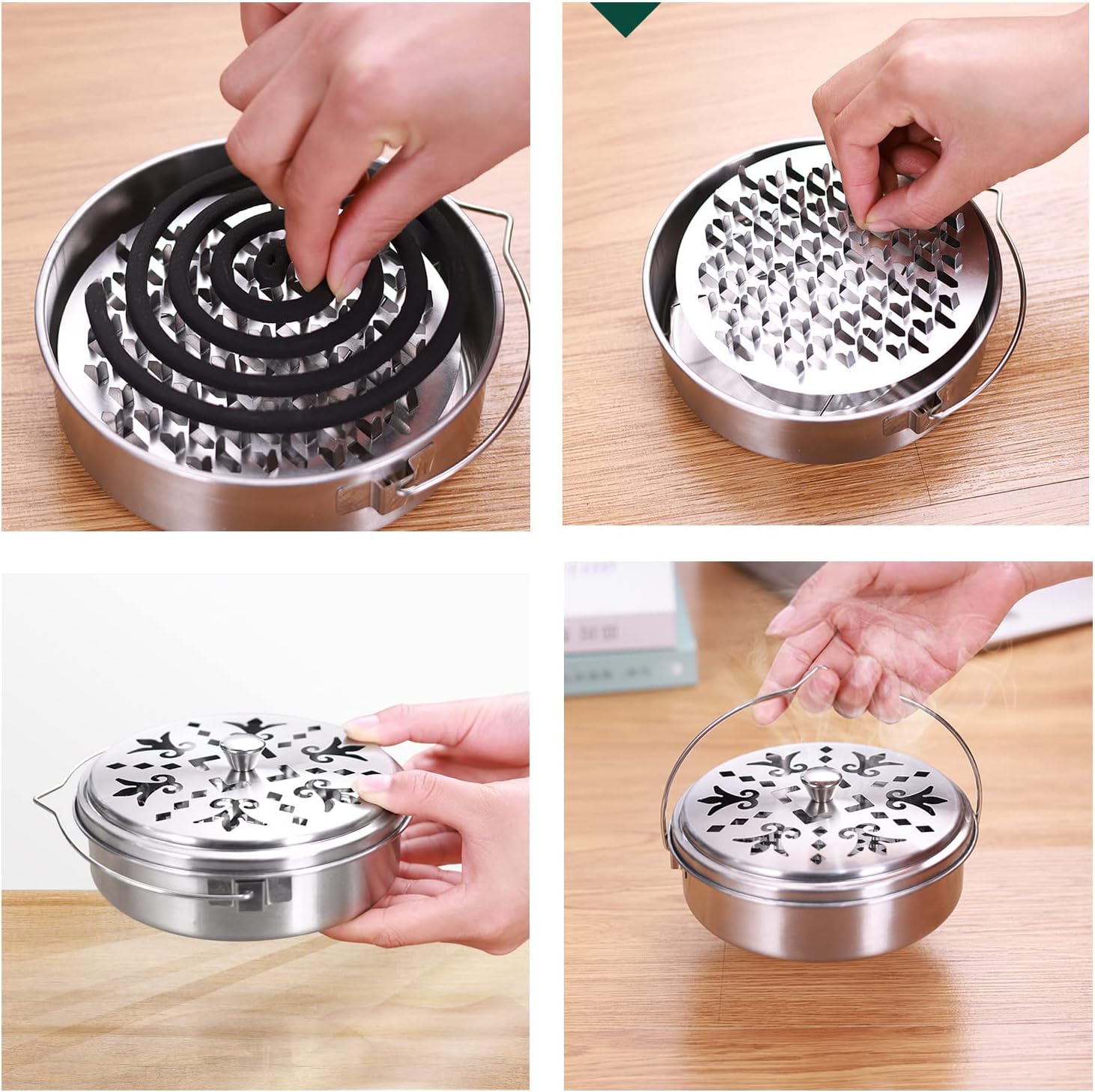 2 Portable Mosquito Coil Holders with Handle Fireproof Incense Burner for Home Silver