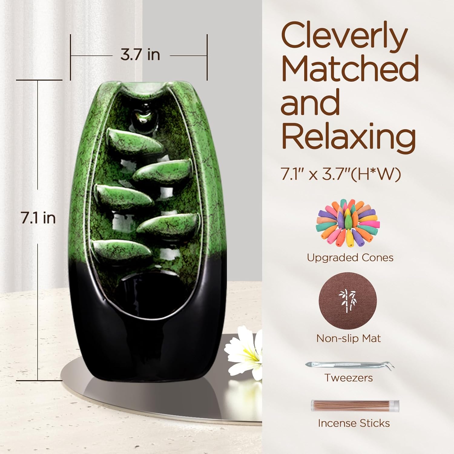 SPACEKEEPER Ceramic Incense Burner with Waterfall Effect and 120 Cones 30 Sticks