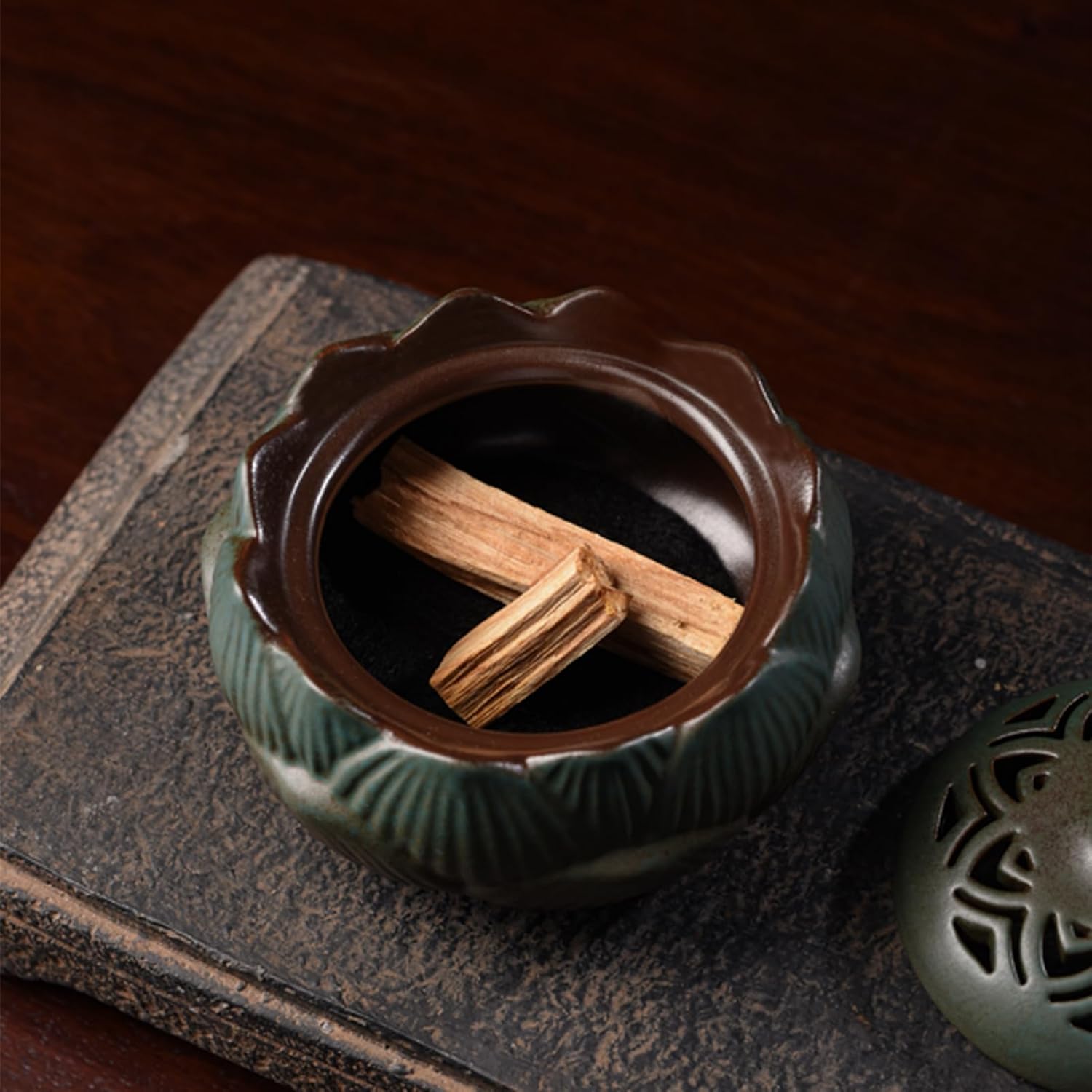 Lotus Incense Burner Set in Green Ceramic