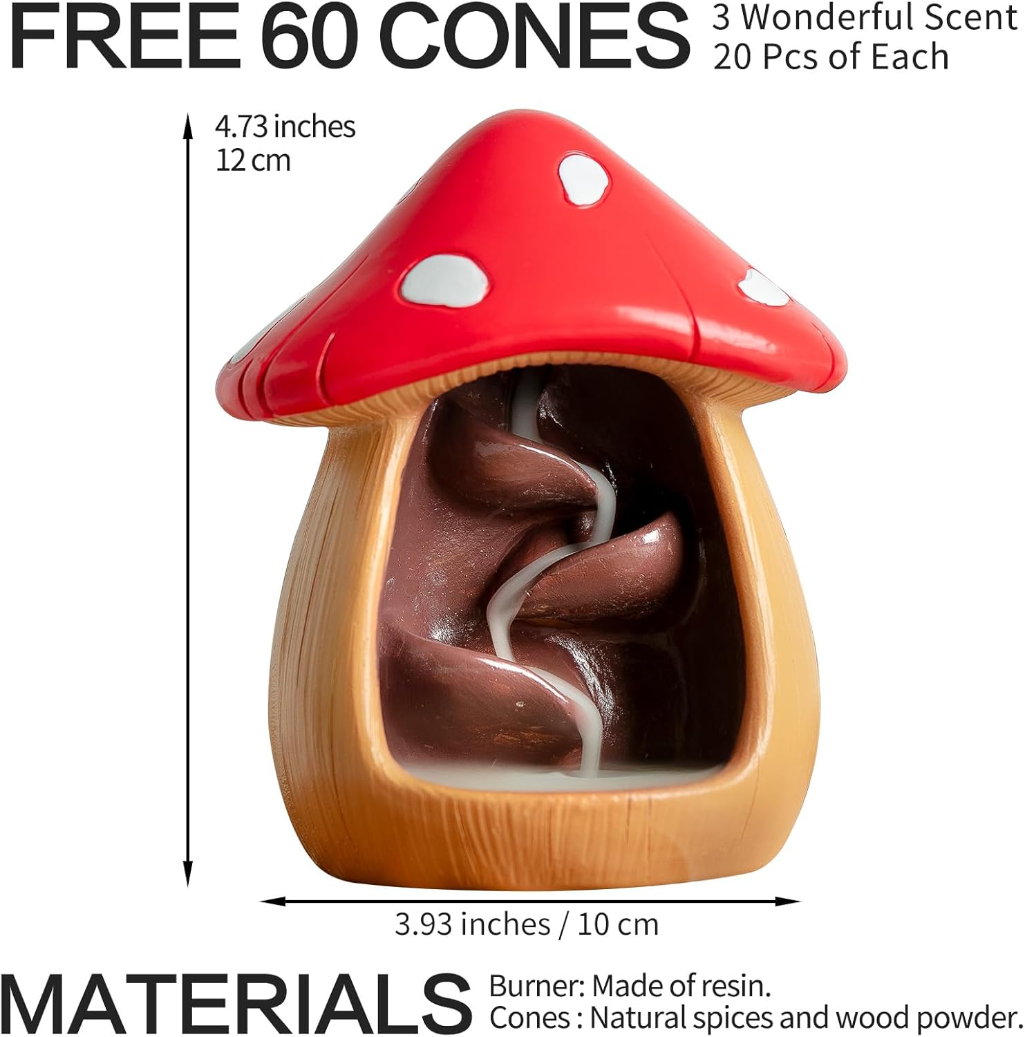 Cute Mushroom Incense Holder with 60 Cones Brown