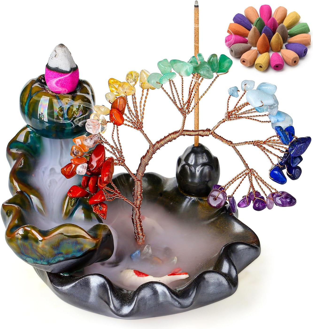 DUQGUHO Chakra Crystal Incense Holder with 30 Burner Cones