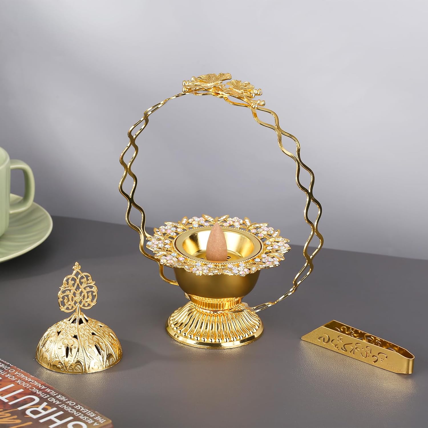 Gold Metal Bakhoor Burner with Handles and Ash Tray