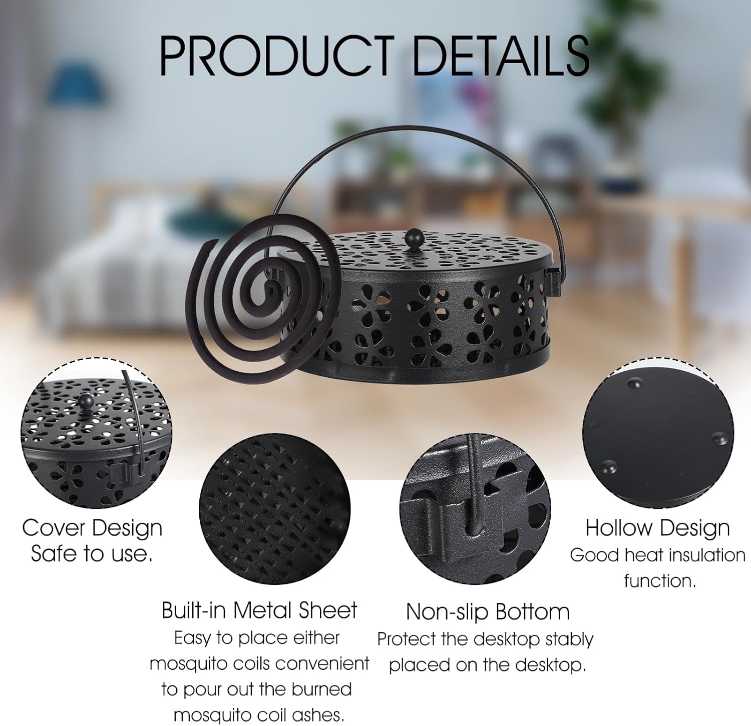 Tobeelec 4 Pcs Mosquito Coil Holder Outdoor Metal Incense Burner Holder with Handle Black Round Design