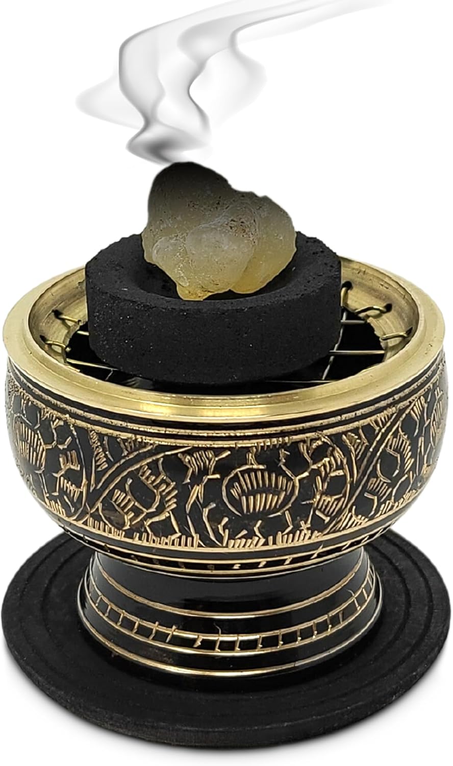 India Small Decorated Brass Incense Burner with Wooden Coaster