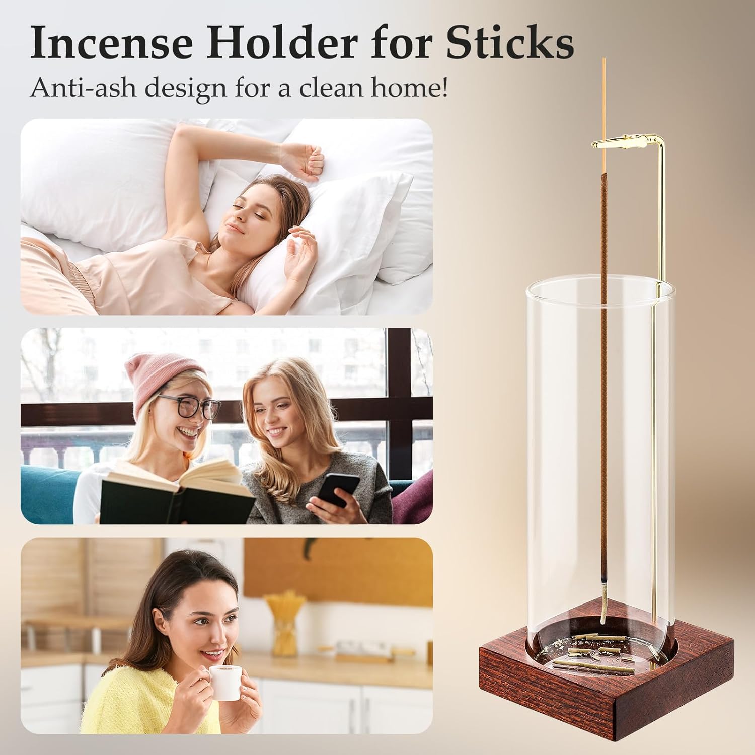 MACUSOO Incense Holder with 20 Sticks and Glass Ash Catcher