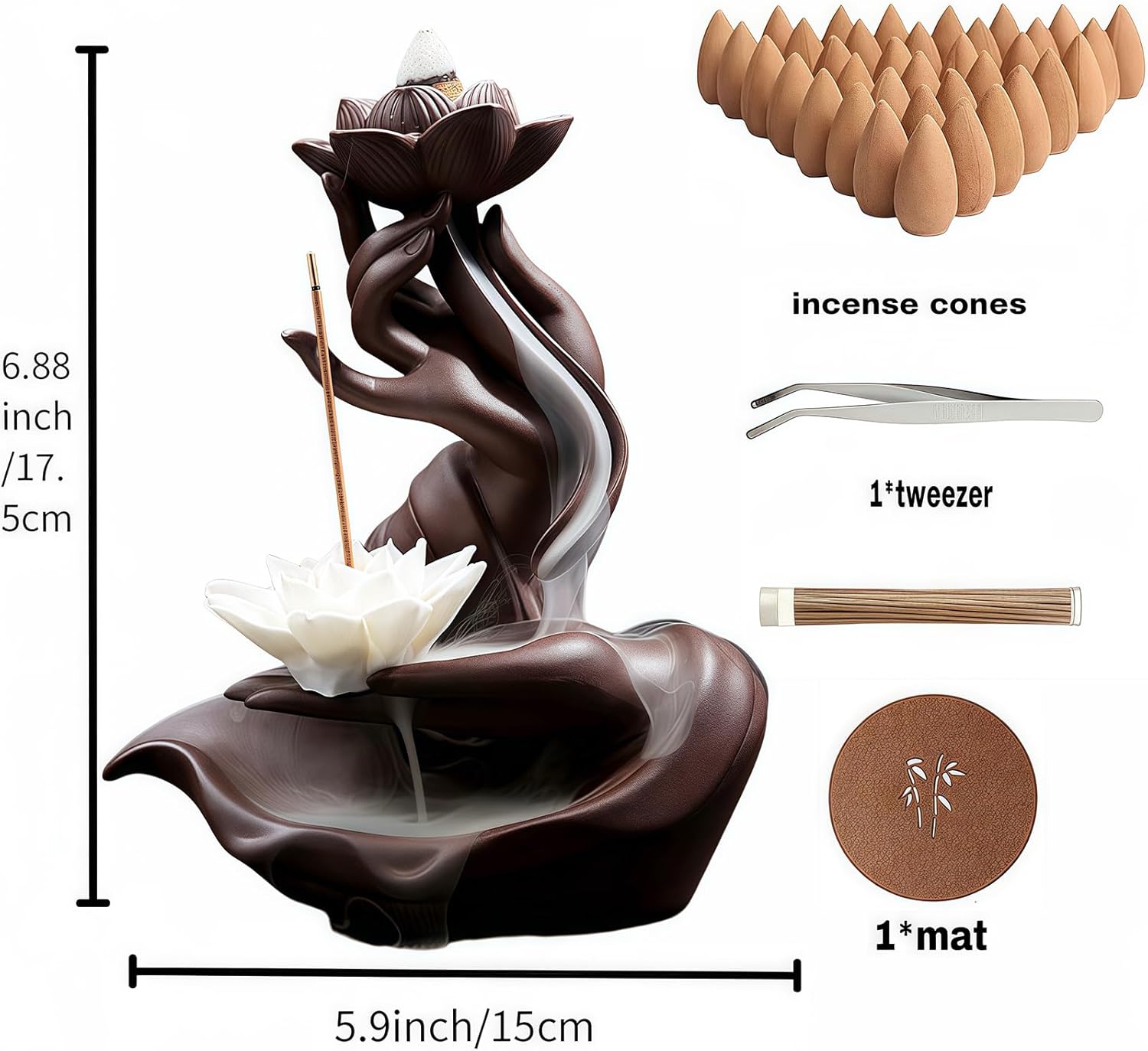 Lotus in Hand Backflow Incense Burner with 50 Sandalwood Cones and 40 Sticks
