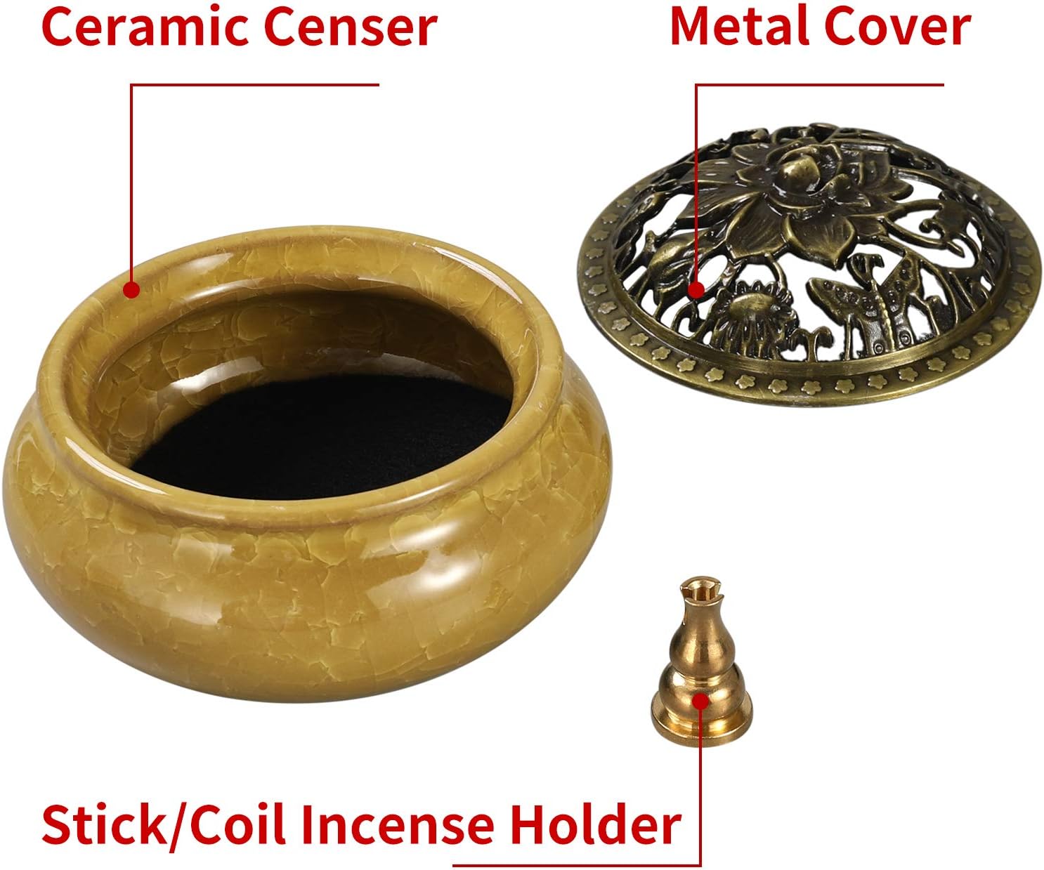 Miupoo Yellow Ceramic Incense Burner with Brass Holder