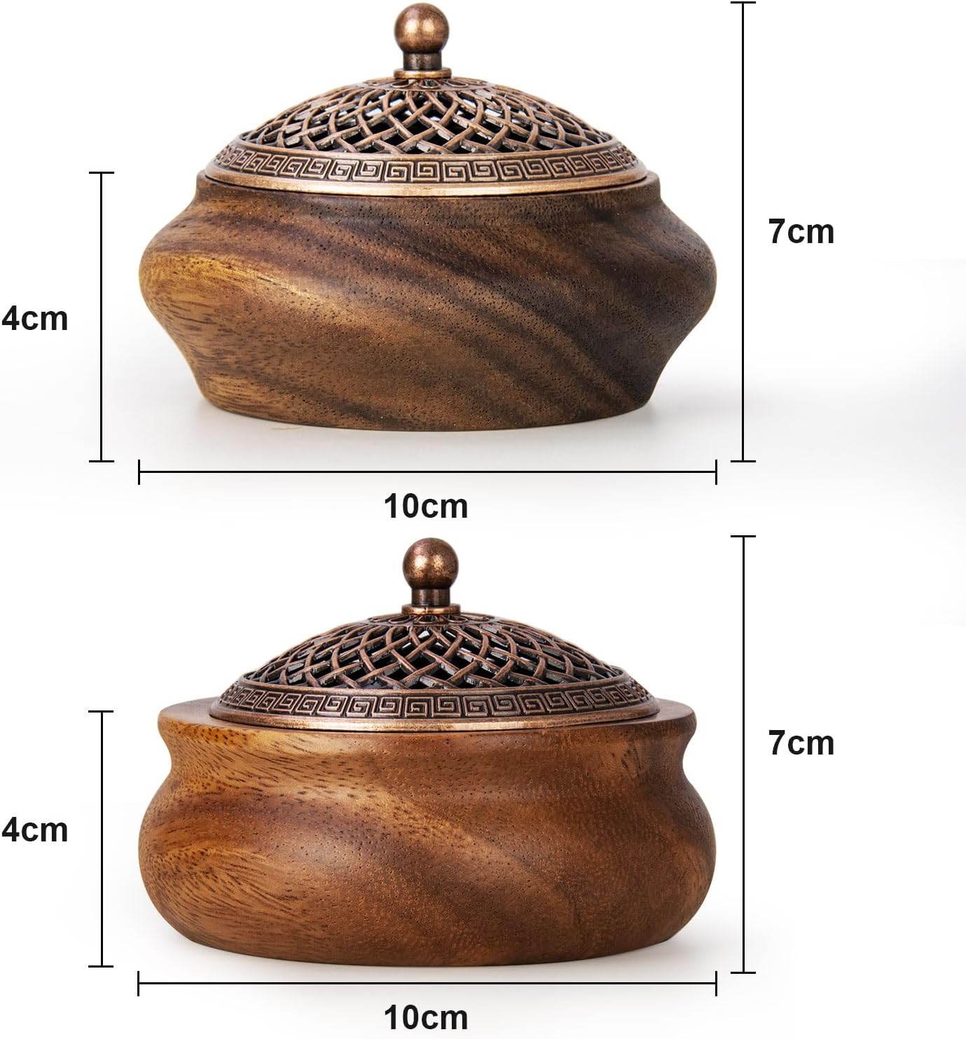 2 Pack Incense Cone Holder Retro Wooden Burner with Brass Lid