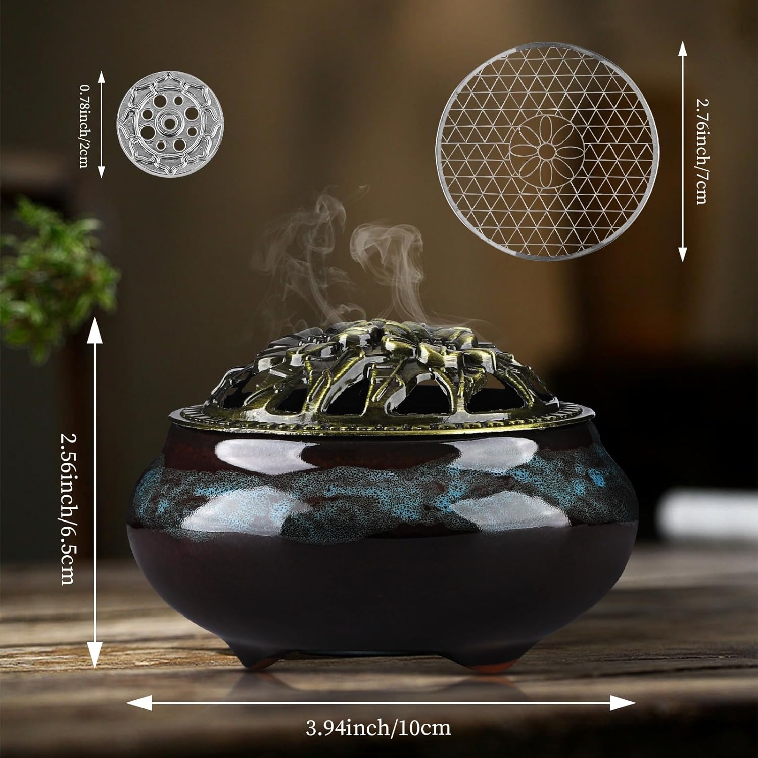 Handmade Ceramic Incense Burner with Metal Lid - Fambe Blue