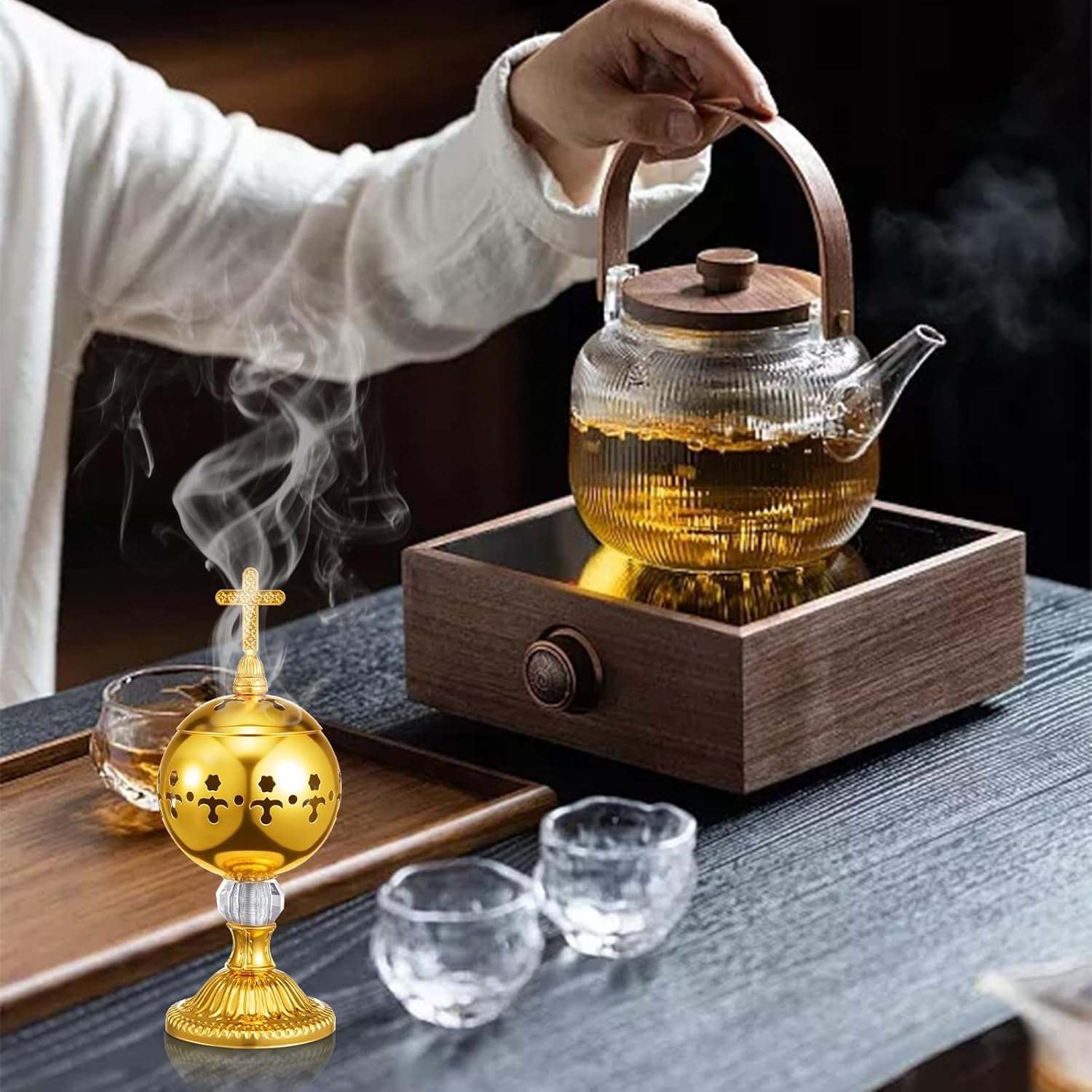 Traditional Incense Burner - Gold Charcoal Censer with Clip