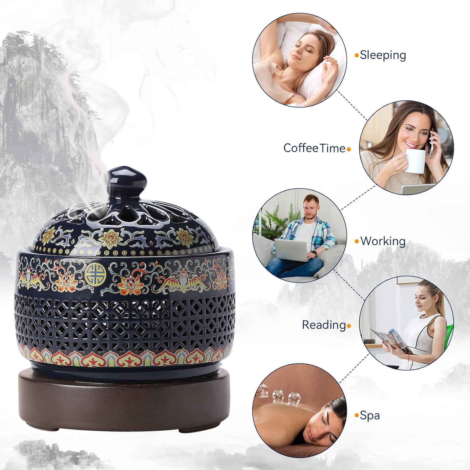 ISSNW Ceramic LED Incense Holder with Simulated Flames