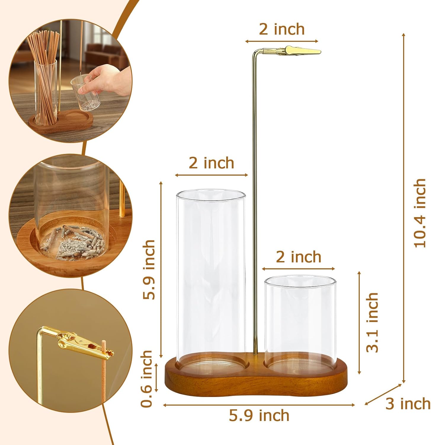 2 in 1 Incense Holder with Glass Ash Catcher and Metal Clip
