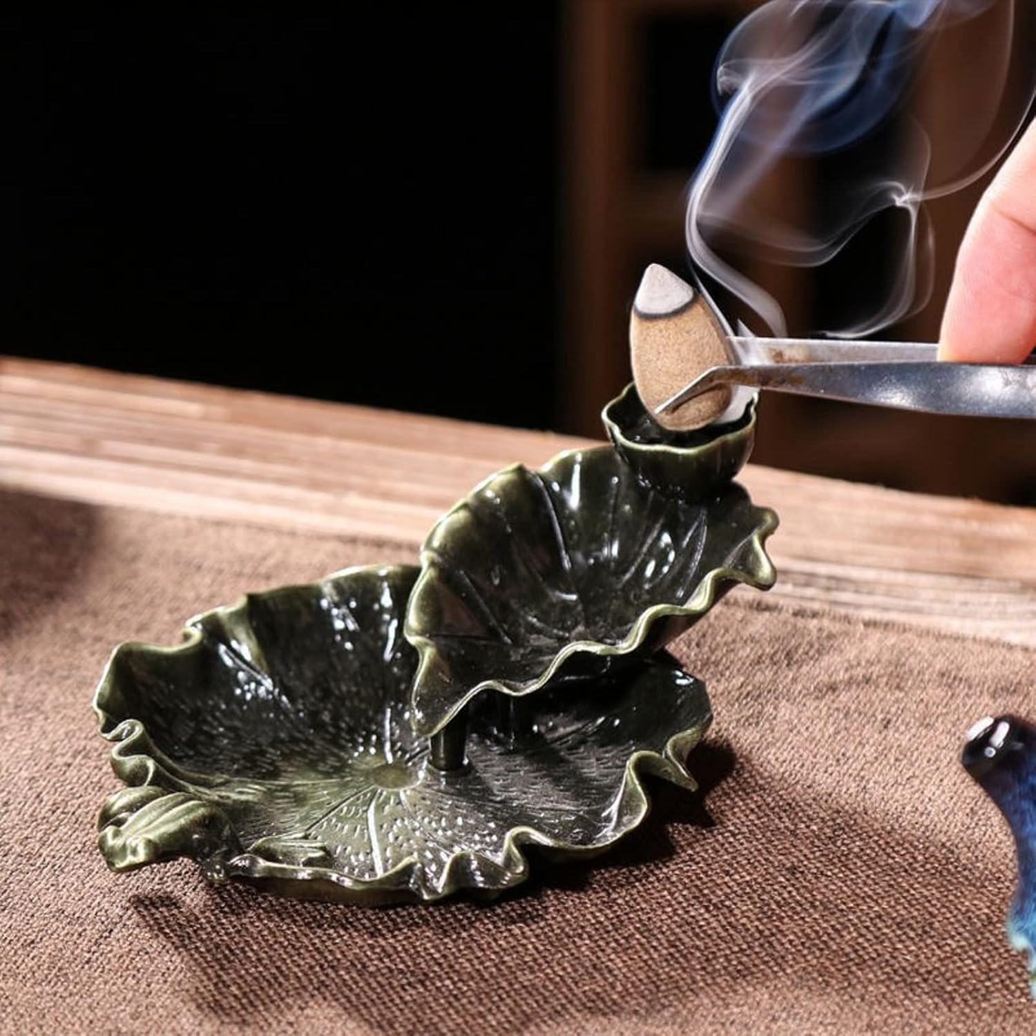 Waterfall Incense Cone Holder with Lotus and Frog Design