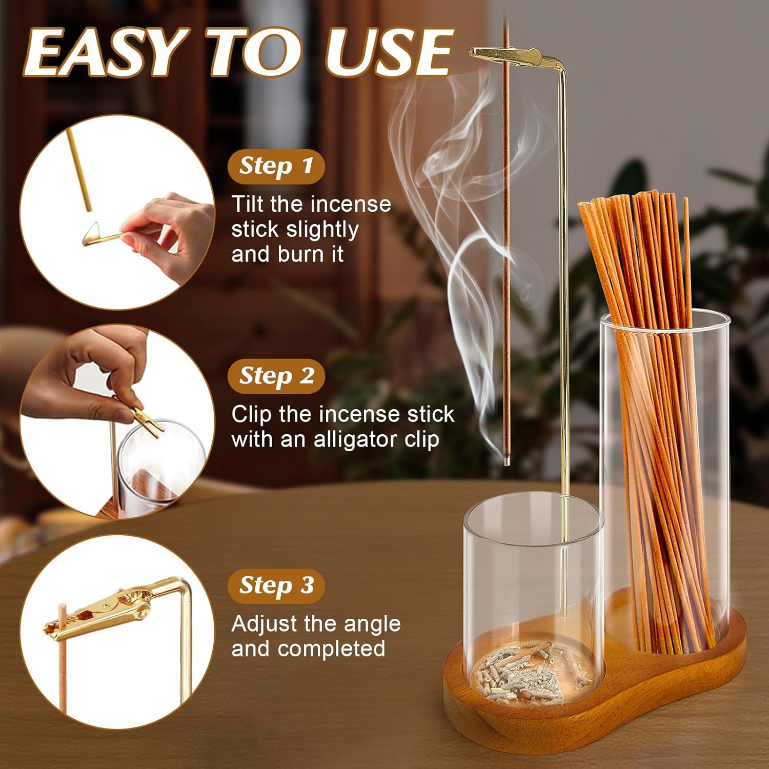 2 in 1 Incense Holder with Glass Ash Catcher and Metal Clip