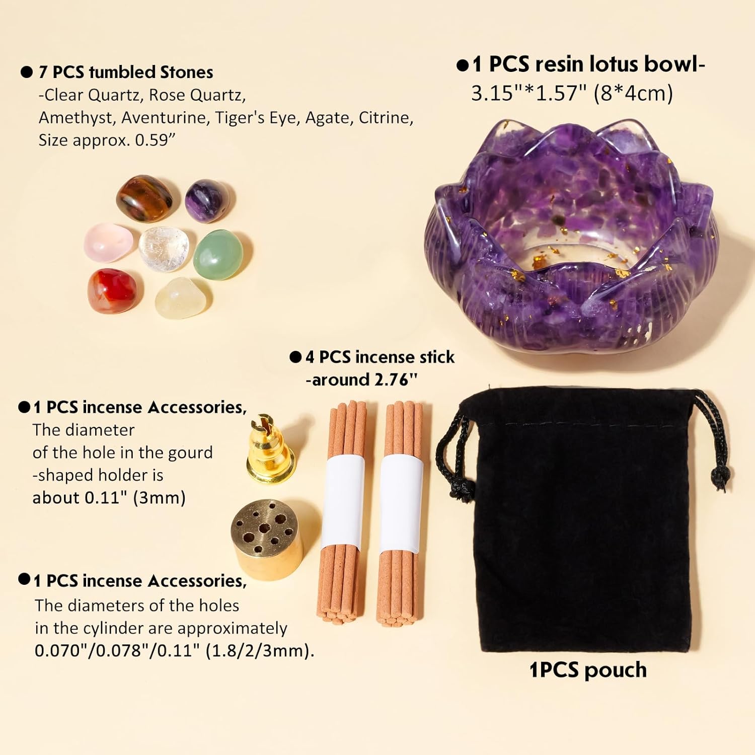 Amethyst Resin Crystal Lotus Incense Burner Set - 15pcs