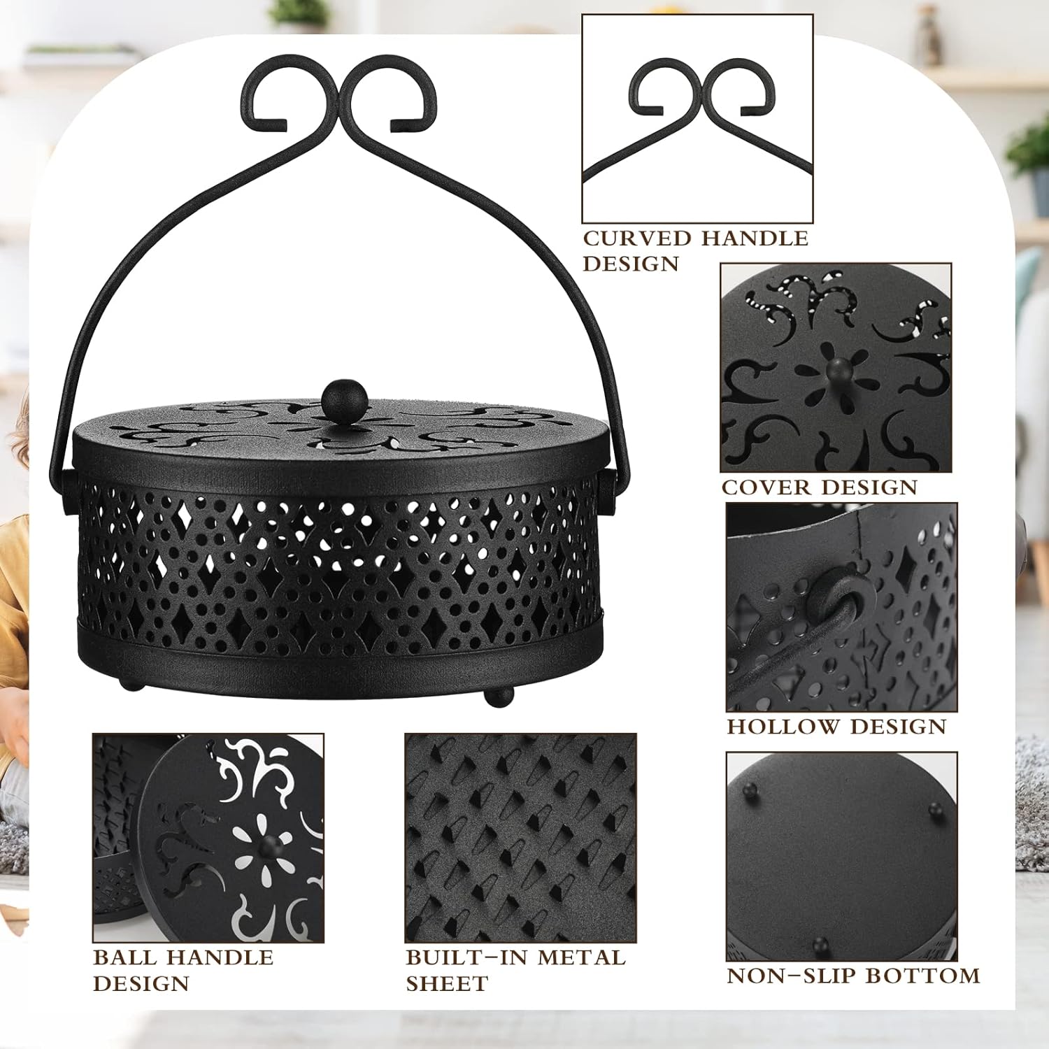 4 Piece Black Metal Incense Holder with Handle