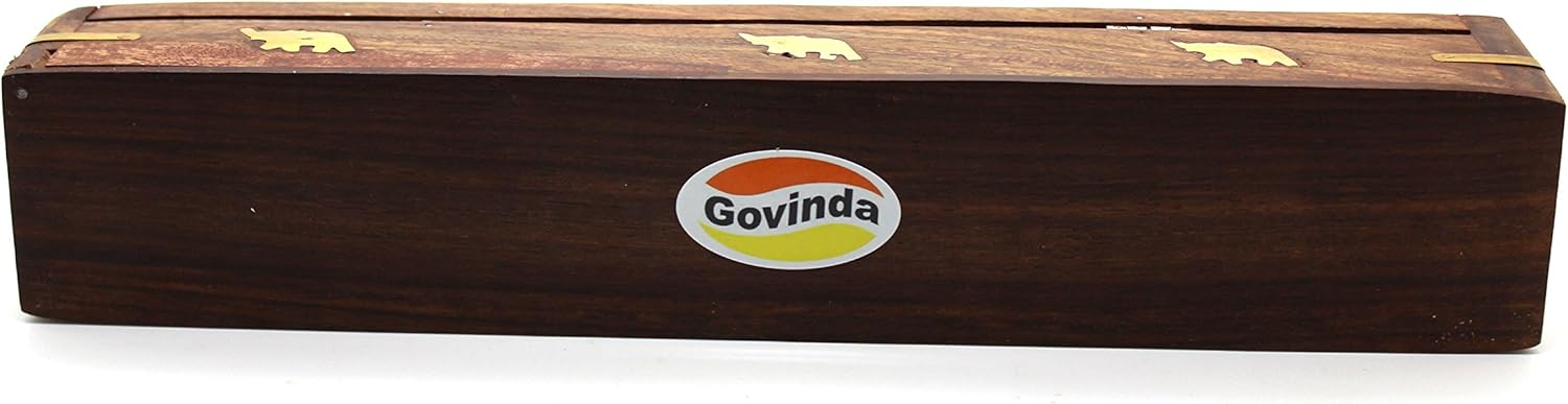 Govinda Wooden Coffin Incense Burner - 12 Inch Elephant Brass Inlay Storage Compartment