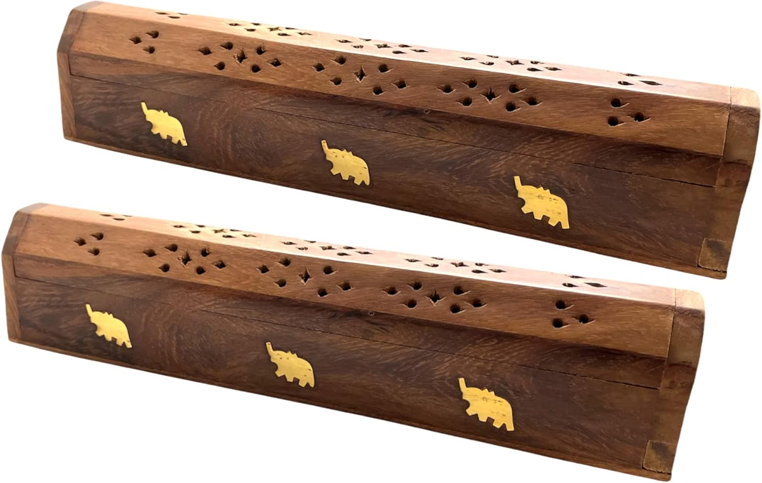 2 Pack Wooden Coffin Incense Burner with Brass Inlays and Storage Compartment