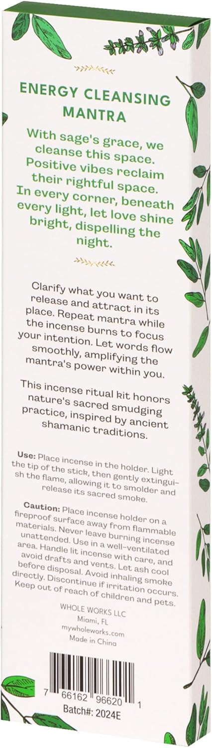 Premium Sage Incense Sticks with Engraved Wood Holder - 30 Sticks Charcoal Free Safe for Energy Cleansing