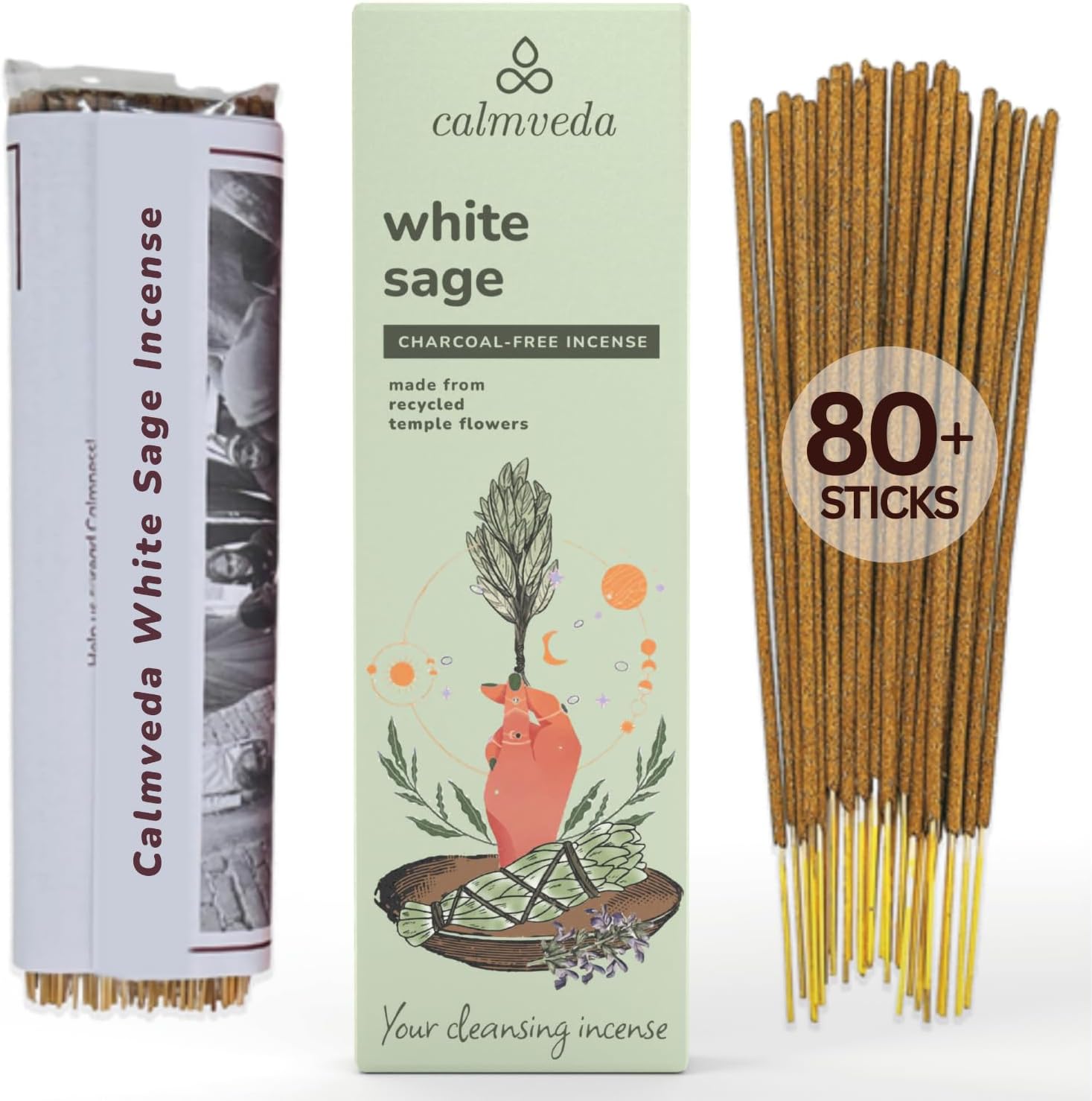 White Sage Incense Sticks - 80 Pack Charcoal Free Upcycled Flower Made Cleansing Protection