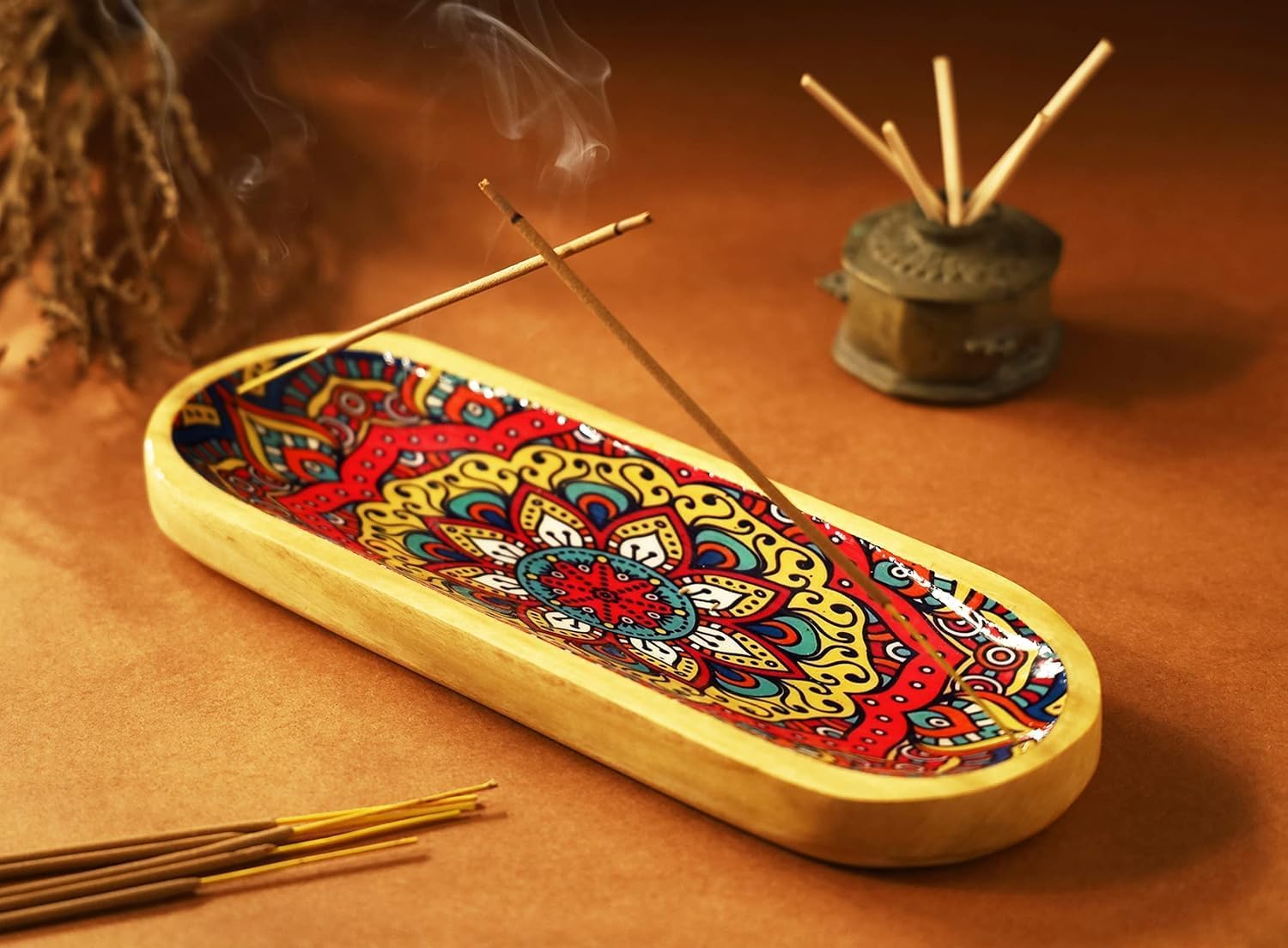 Yajna Traditional Handmade Incense Stick and Cone Holder Burner Ash Catcher Stand Wooden Tray Holder Mandala