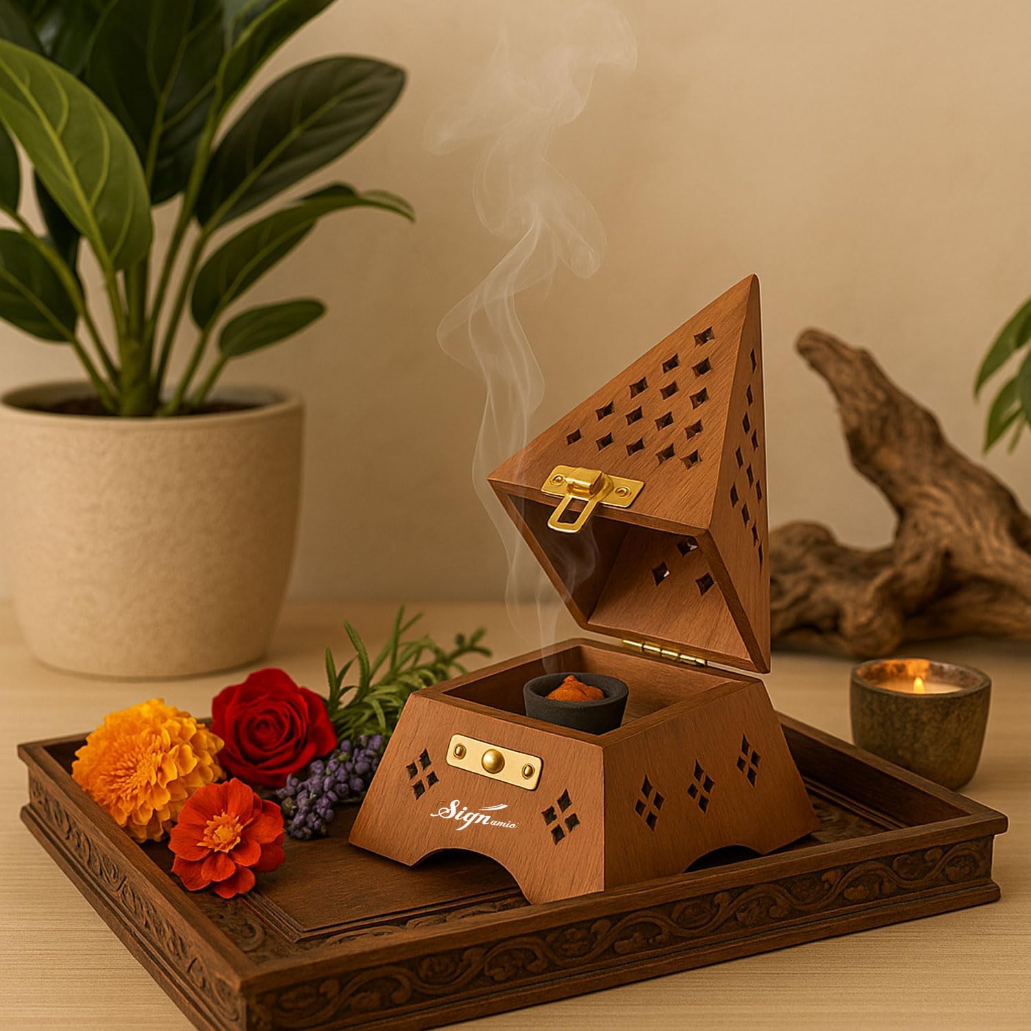 SIGNAMIO Wooden Incense Holder Dhoop Stand Pooja Room Decor