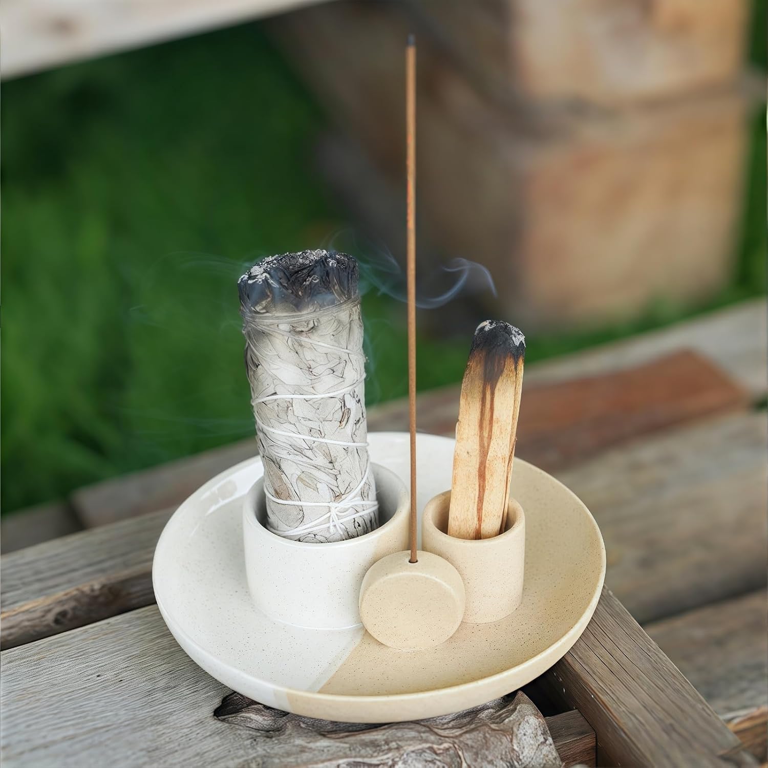 4 in 1 Incense Holder with Ash Catcher Tray - White Sand Ceramic Design