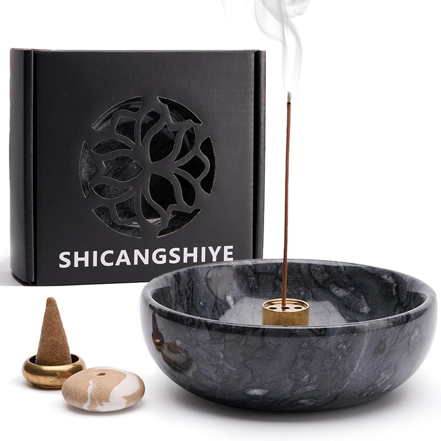 Marble Incense Holder with Brass Burner for Sticks and Cones