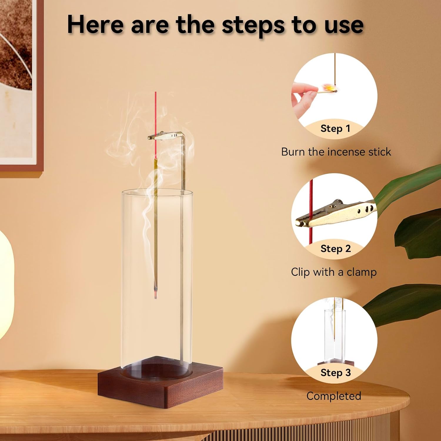 1 Pack Incense Holder for Sticks Anti-Ash Flying Walnut Wood Base Brass Stand Removable Glass Ash Catcher