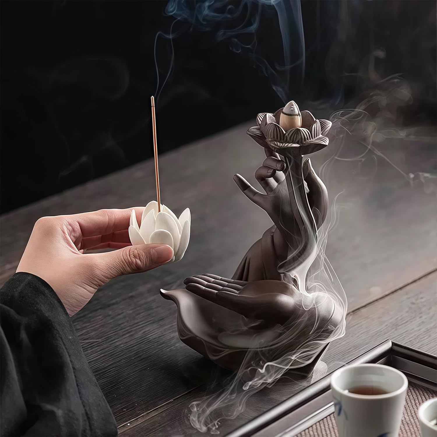 Lotus in Hand Backflow Incense Burner with 50 Sandalwood Cones and 40 Sticks