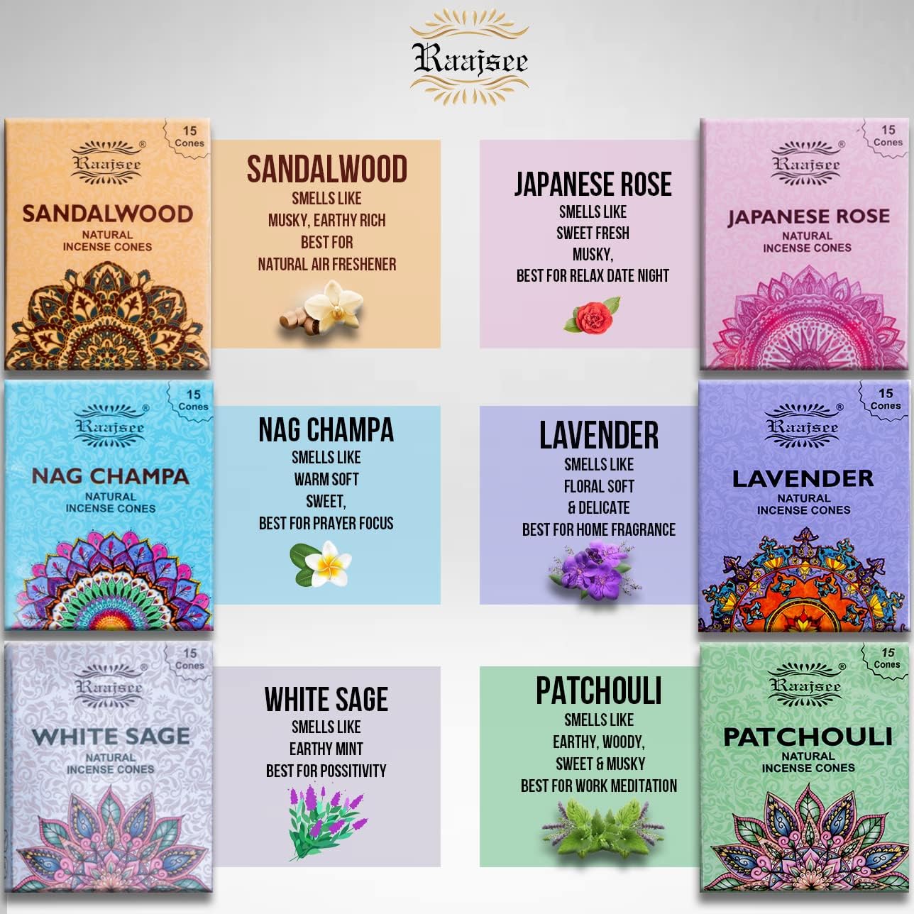 Raajsee Natural Incense Cones Variety Pack 6x15