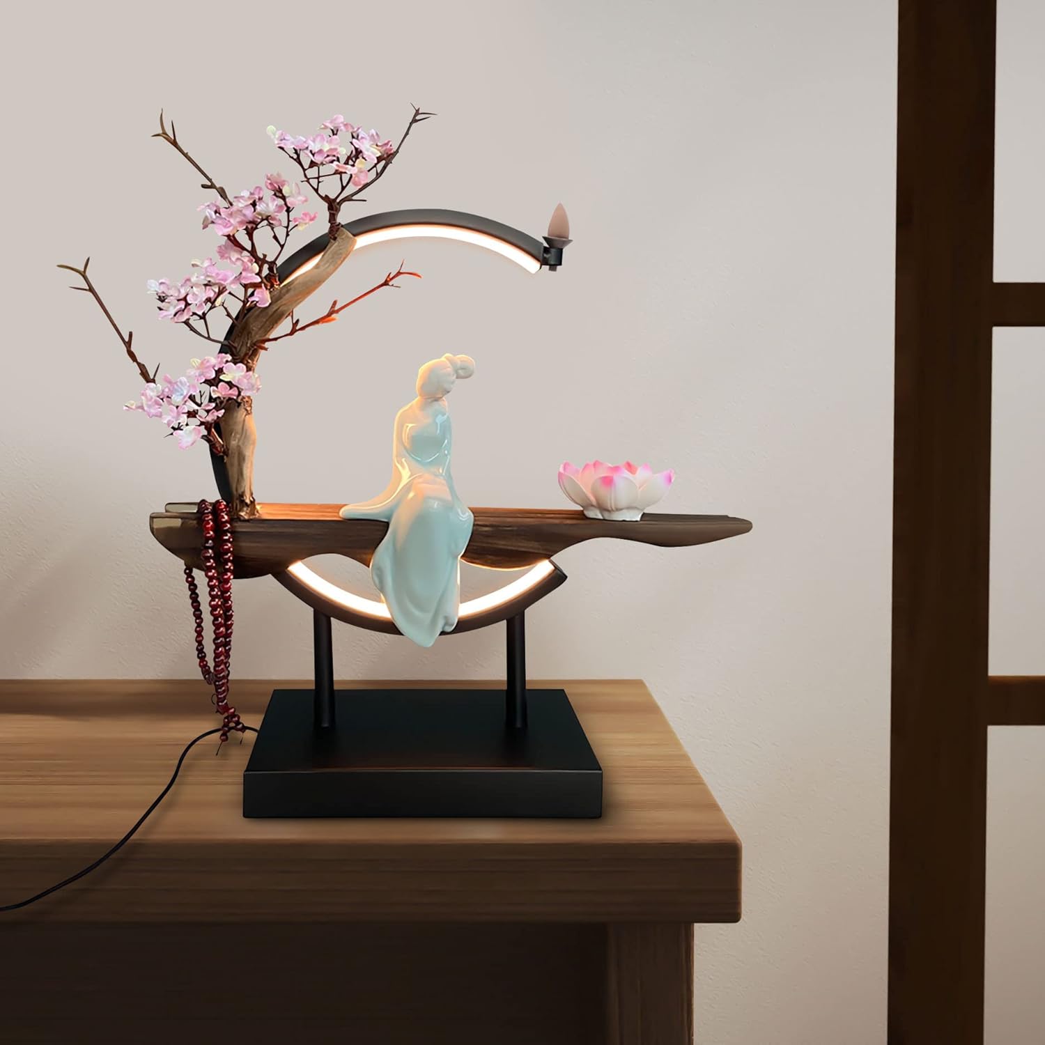 Lotus Flower Backflow Incense Holder with LED Light Ceramic Hand-Made Burner Moon Style Design for Home Office Decor