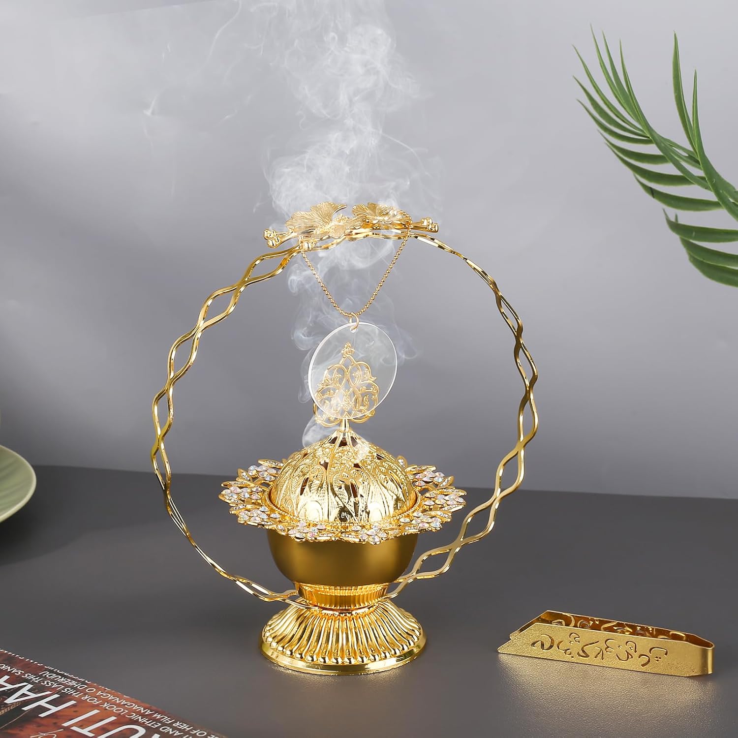 Gold Metal Bakhoor Burner with Handles and Ash Tray