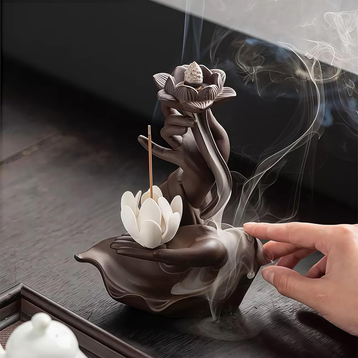 Lotus in Hand Backflow Incense Burner with 50 Sandalwood Cones and 40 Sticks