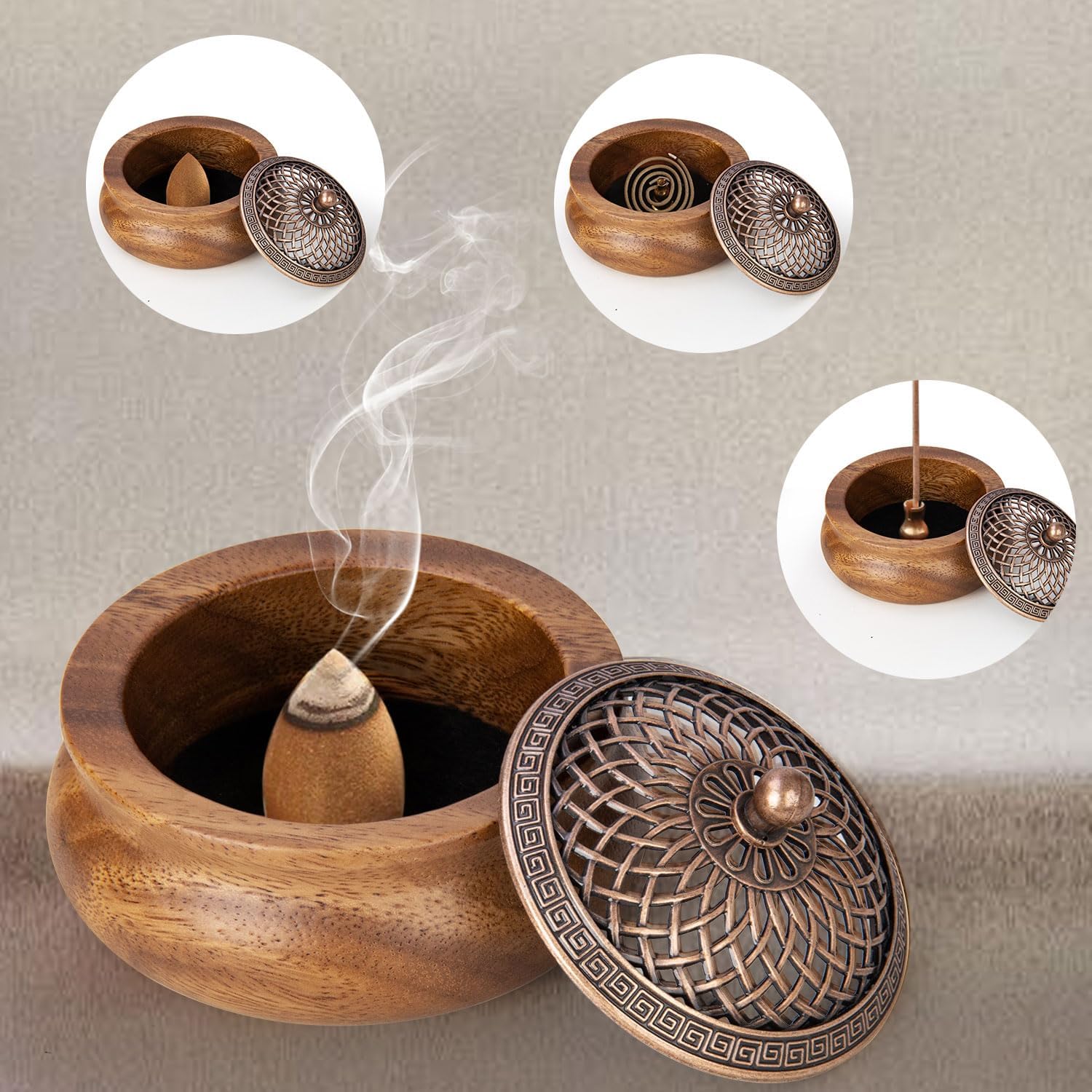 2 Pack Incense Cone Holder Retro Wooden Burner with Brass Lid