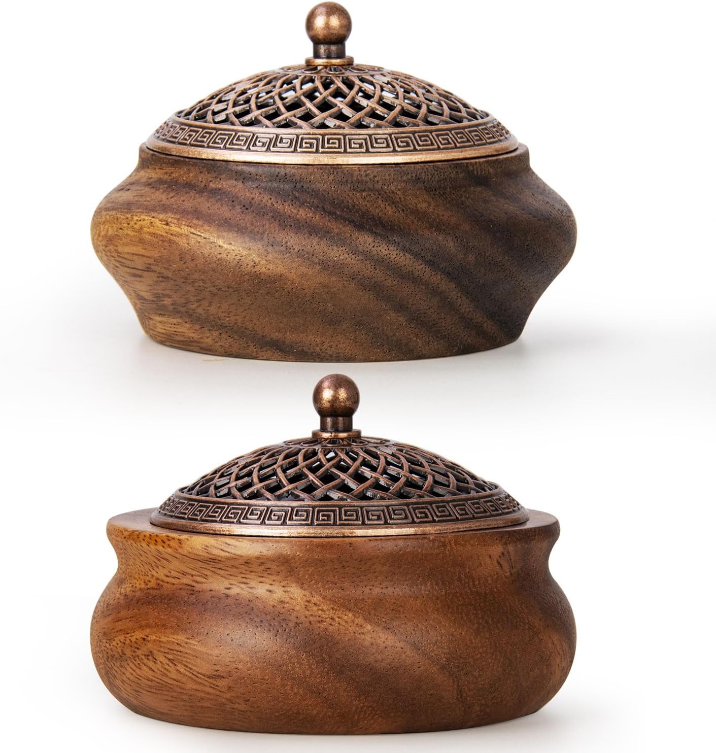 2 Pack Incense Cone Holder Retro Wooden Burner with Brass Lid