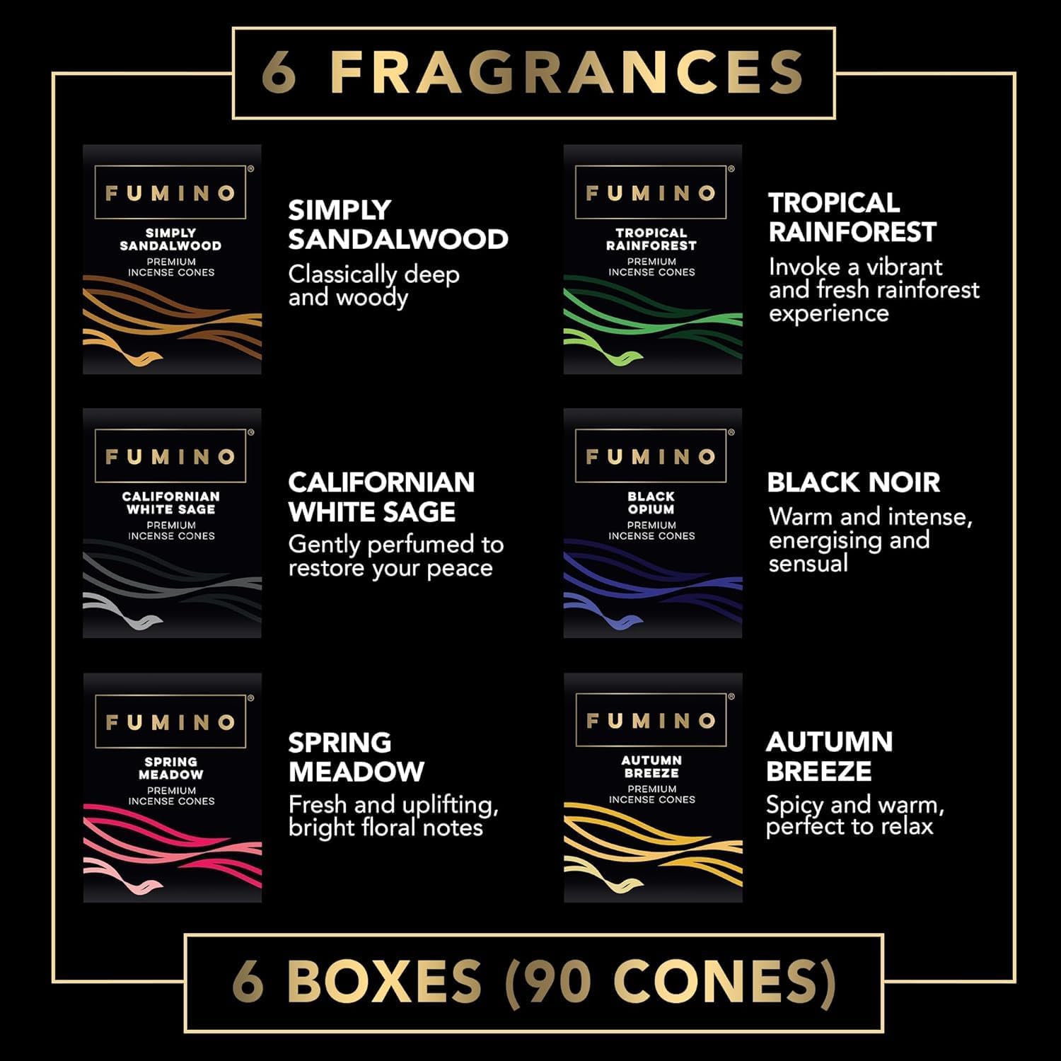 Fumino Incense Cones Fresh Multipack Bundle 6 Boxes 90 Pieces